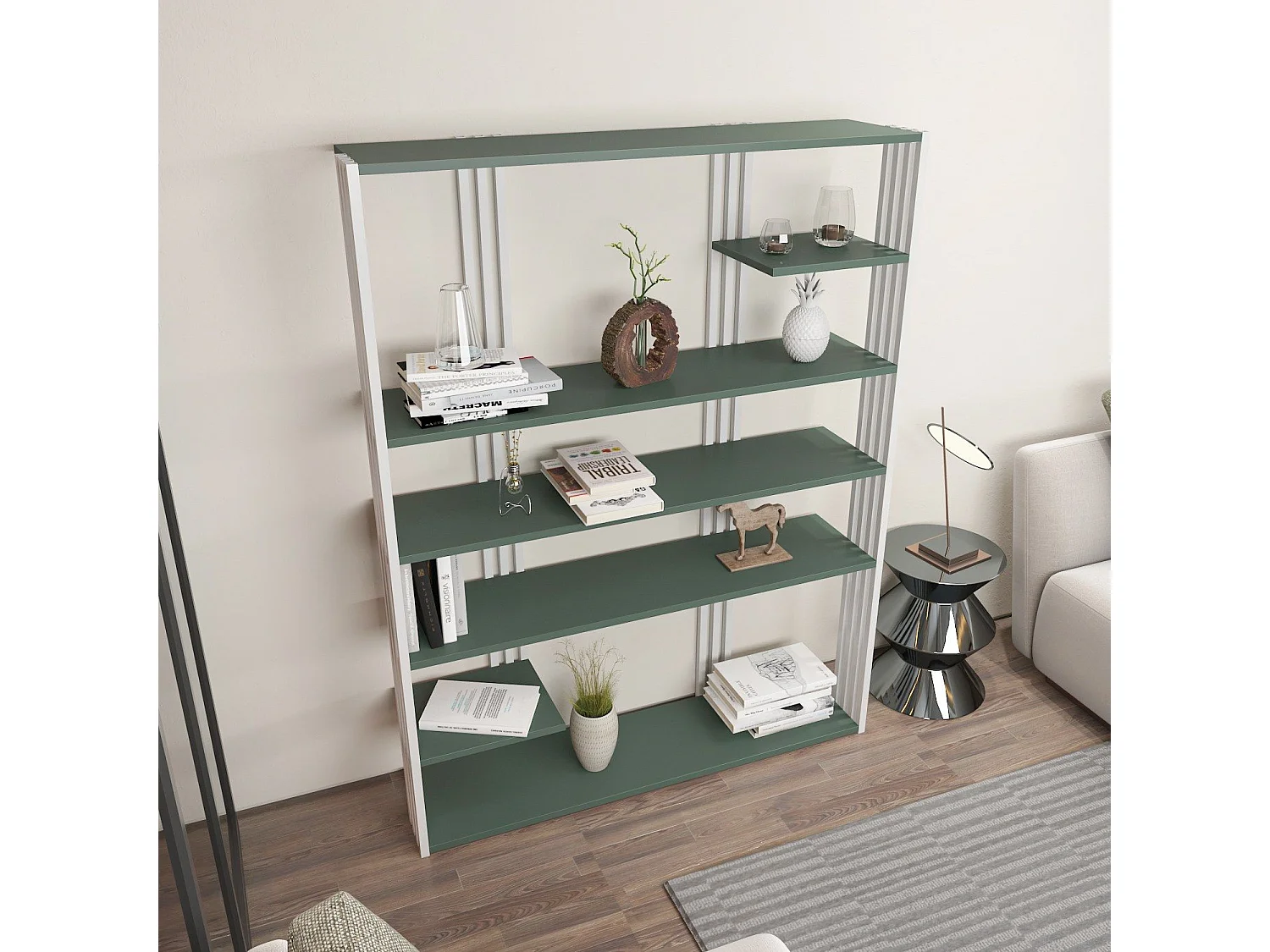 Elegancki zielono-biały regał na książki, 120 cm x 160 cm x 29,6 cm | Płyta wiórowa pokryta melaminą w 100%, grubość 18 mm | Idealny do nowo