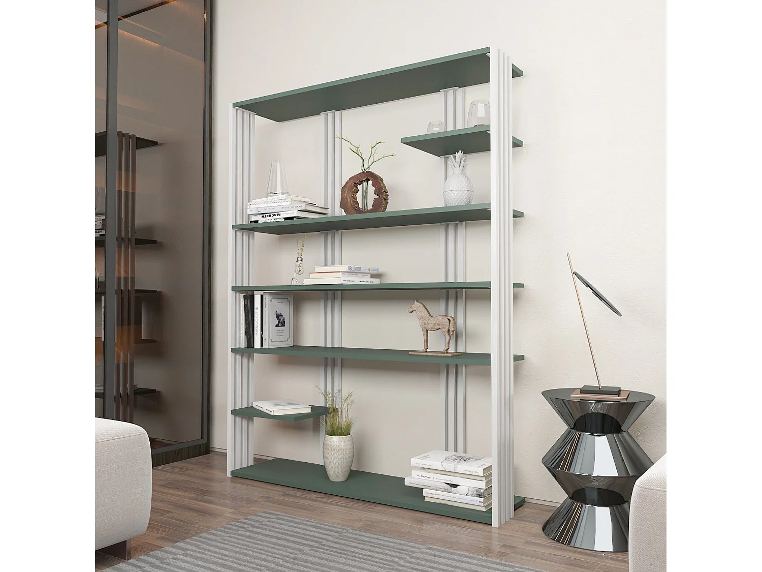 Elegancki zielono-biały regał na książki, 120 cm x 160 cm x 29,6 cm | Płyta wiórowa pokryta melaminą w 100%, grubość 18 mm | Idealny do nowo