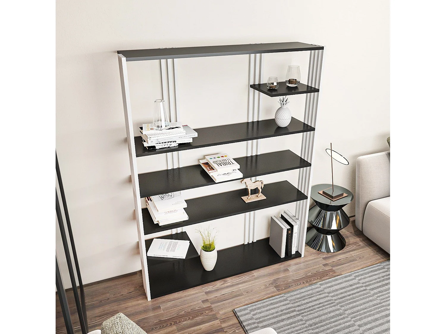 Elegantes Bücherregal, Anthrazit und Weiß, 120 x 160 x 29,6 cm | 100 % melaminbeschichtete Spanplatte, 18 mm stark | Perfekt für eine modern