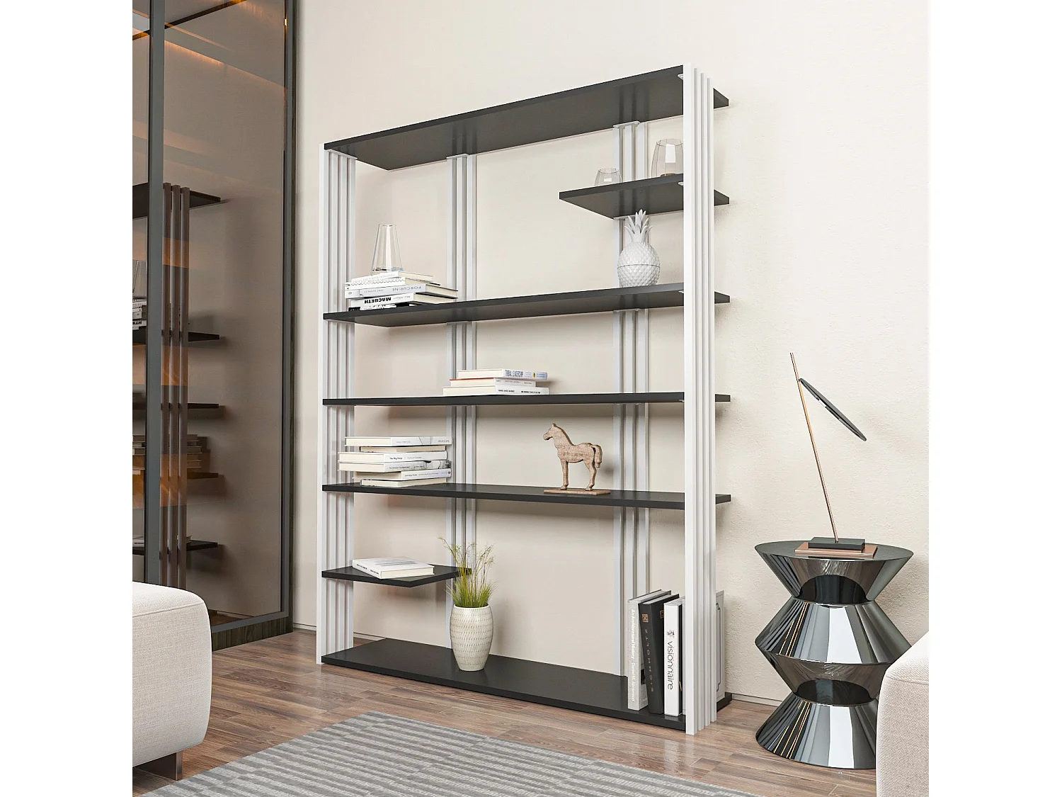 Elegantes Bücherregal, Anthrazit und Weiß, 120 x 160 x 29,6 cm | 100 % melaminbeschichtete Spanplatte, 18 mm stark | Perfekt für eine modern