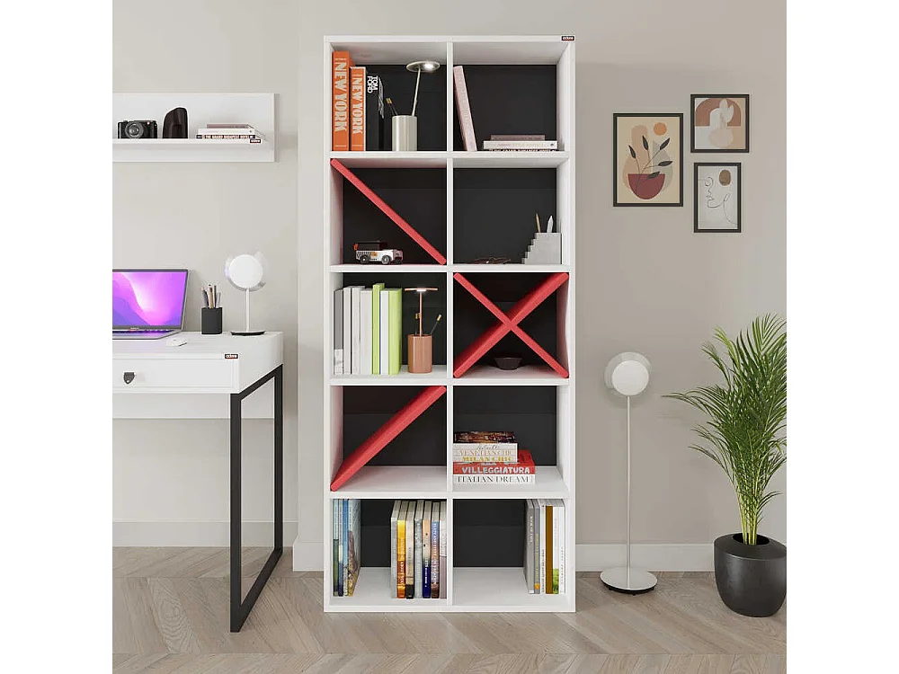 Librería – 75 cm x 188 cm x 30 cm – Blanco y Rojo – Tablero de Partículas