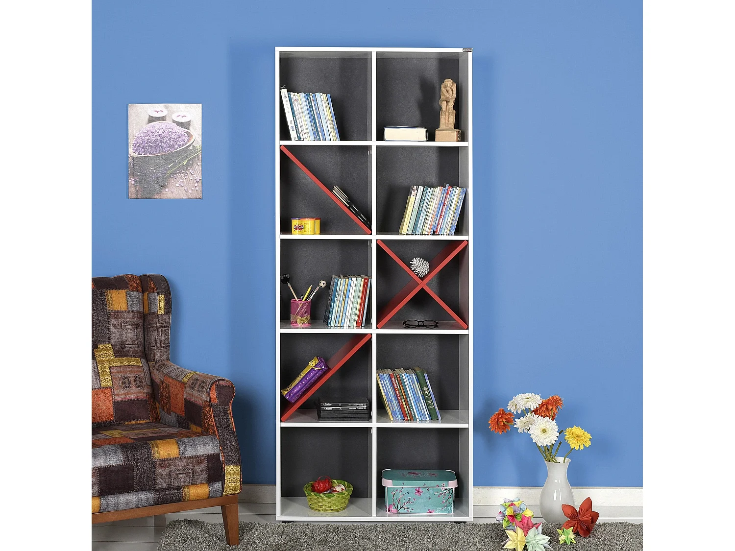 Librería – 75 cm x 188 cm x 30 cm – Blanco y Rojo – Tablero de Partículas