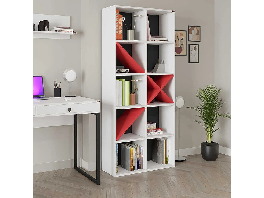 Librería – 75 cm x 188 cm x 30 cm – Blanco y Rojo – Tablero de Partículas