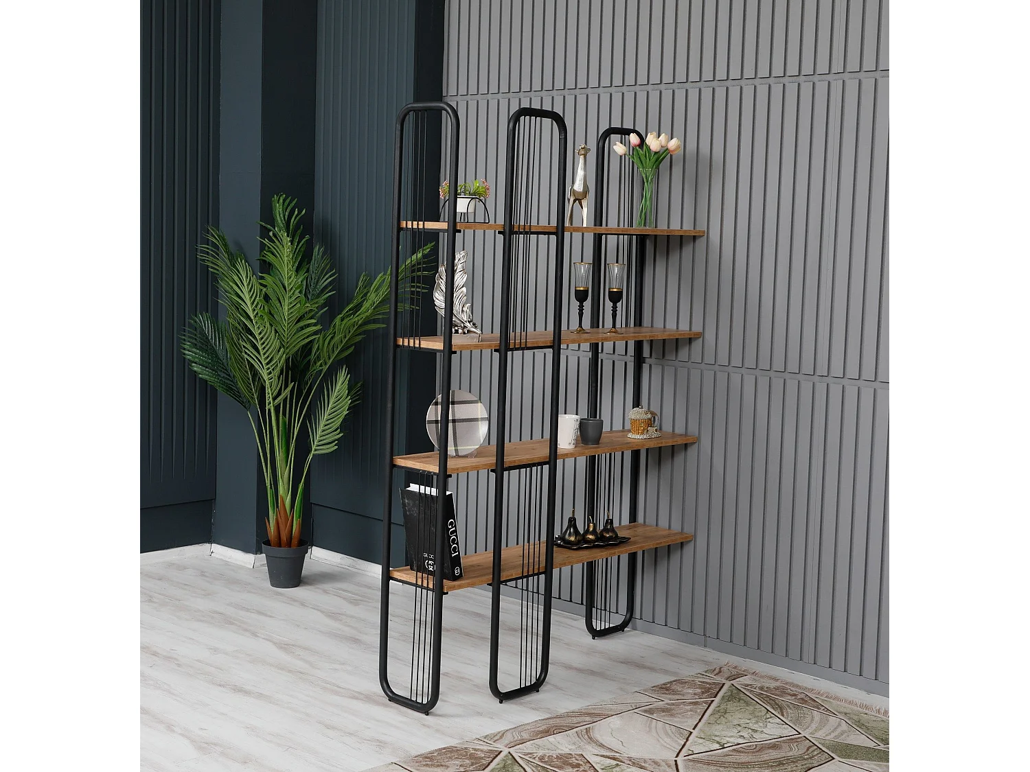 Etagères bibliothèque Arnal L125xH180cm Bois clair et Métal Noir