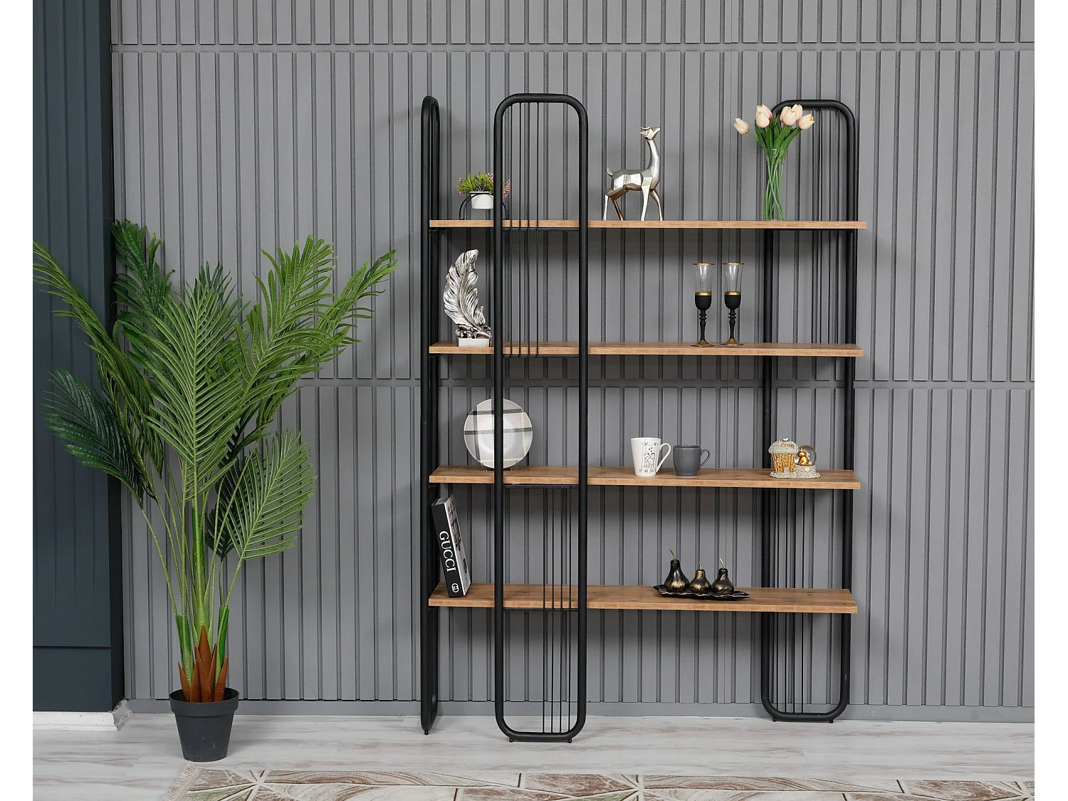 Etagères bibliothèque Arnal L125xH180cm Bois clair et Métal Noir