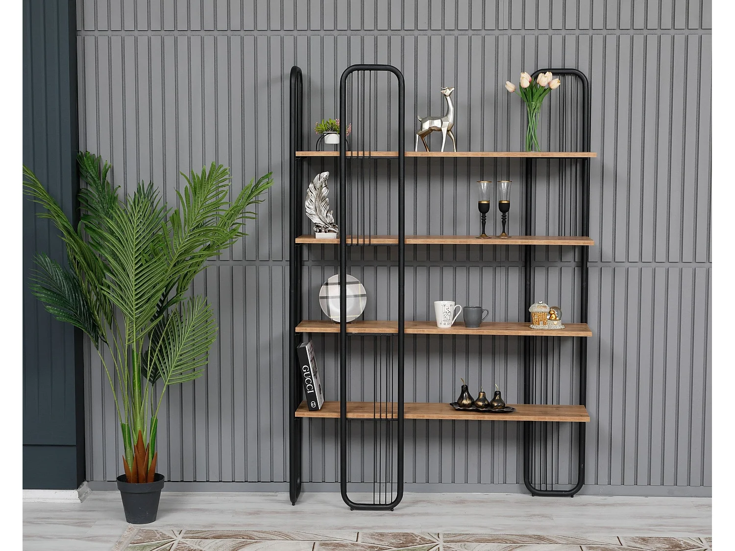 Etagères bibliothèque Arnal L125xH180cm Bois clair et Métal Noir