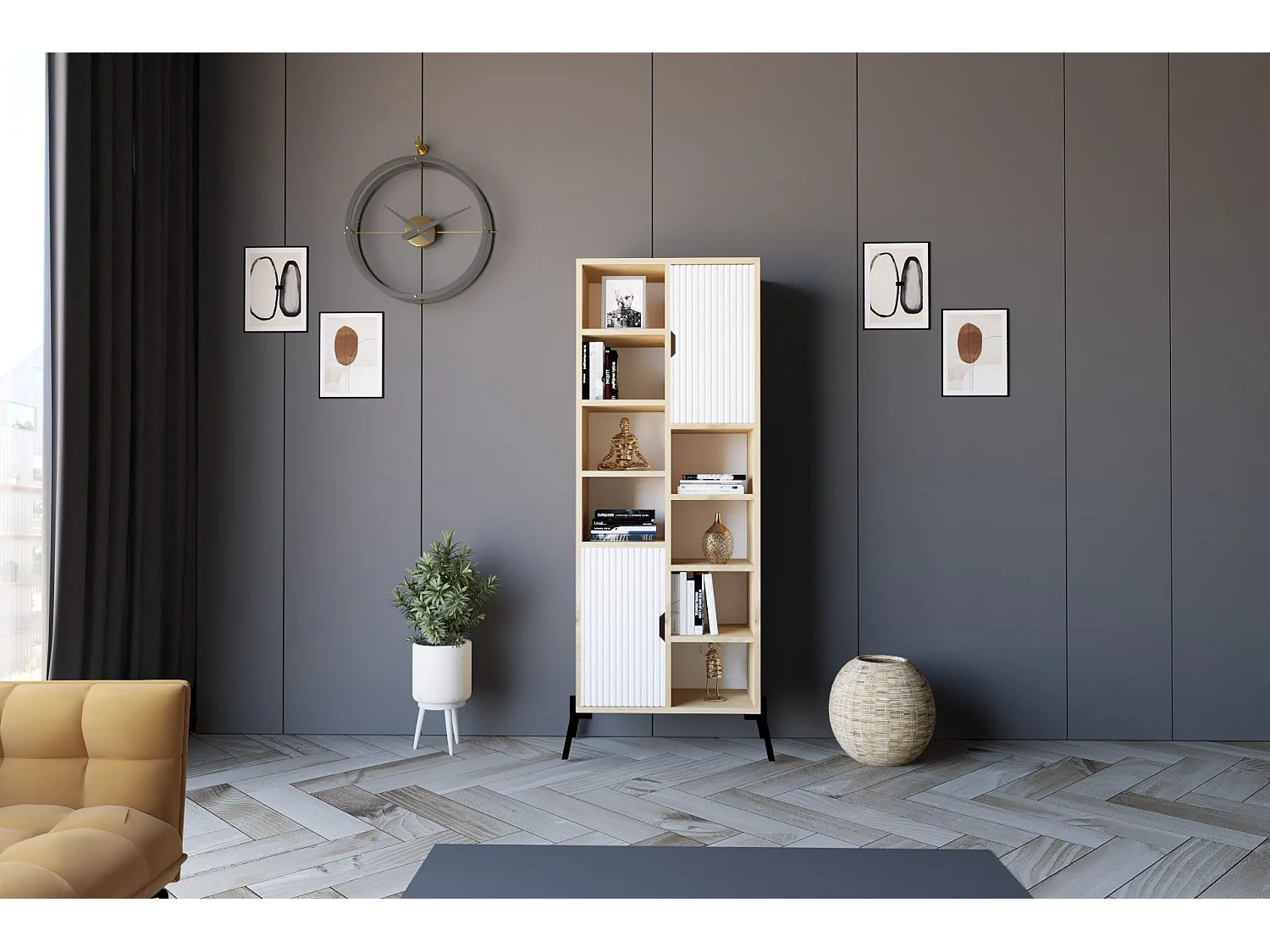Librería – 58,6 cm x 160 cm x 30 cm – Roble Blanco y Zafiro – MDF