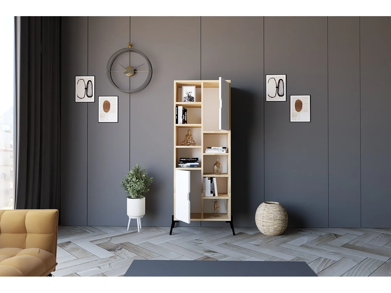 Librería – 58,6 cm x 160 cm x 30 cm – Roble Blanco y Zafiro – MDF
