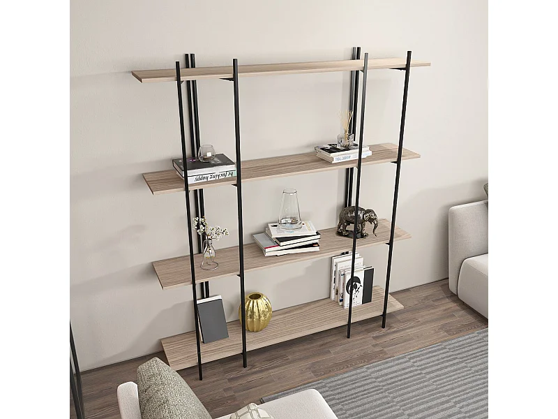 Elegante boekenkast van eikenhout en zwart, 160 x 180 x 29,6 cm | 100% melamine-gecoate spaanplaat, 18 mm dik | Perfect voor moderne woning-