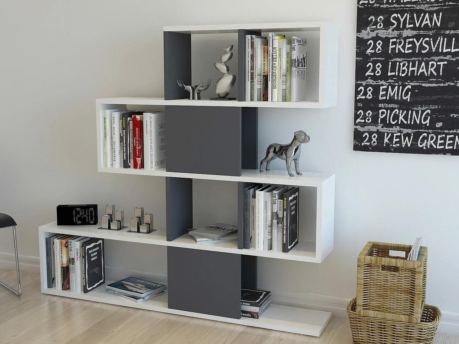 Bibliothèque moderne, blanche et anthracite, 120 x 19,5 x 109 cm | Panneau de particules 100 % mélaminé, épaisseur 18 mm | Rangement élégant