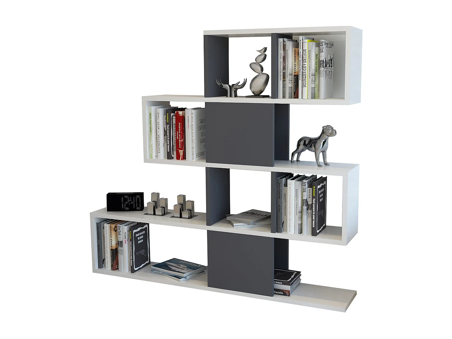 Bibliothèque moderne, blanche et anthracite, 120 x 19,5 x 109 cm | Panneau de particules 100 % mélaminé, épaisseur 18 mm | Rangement élégant