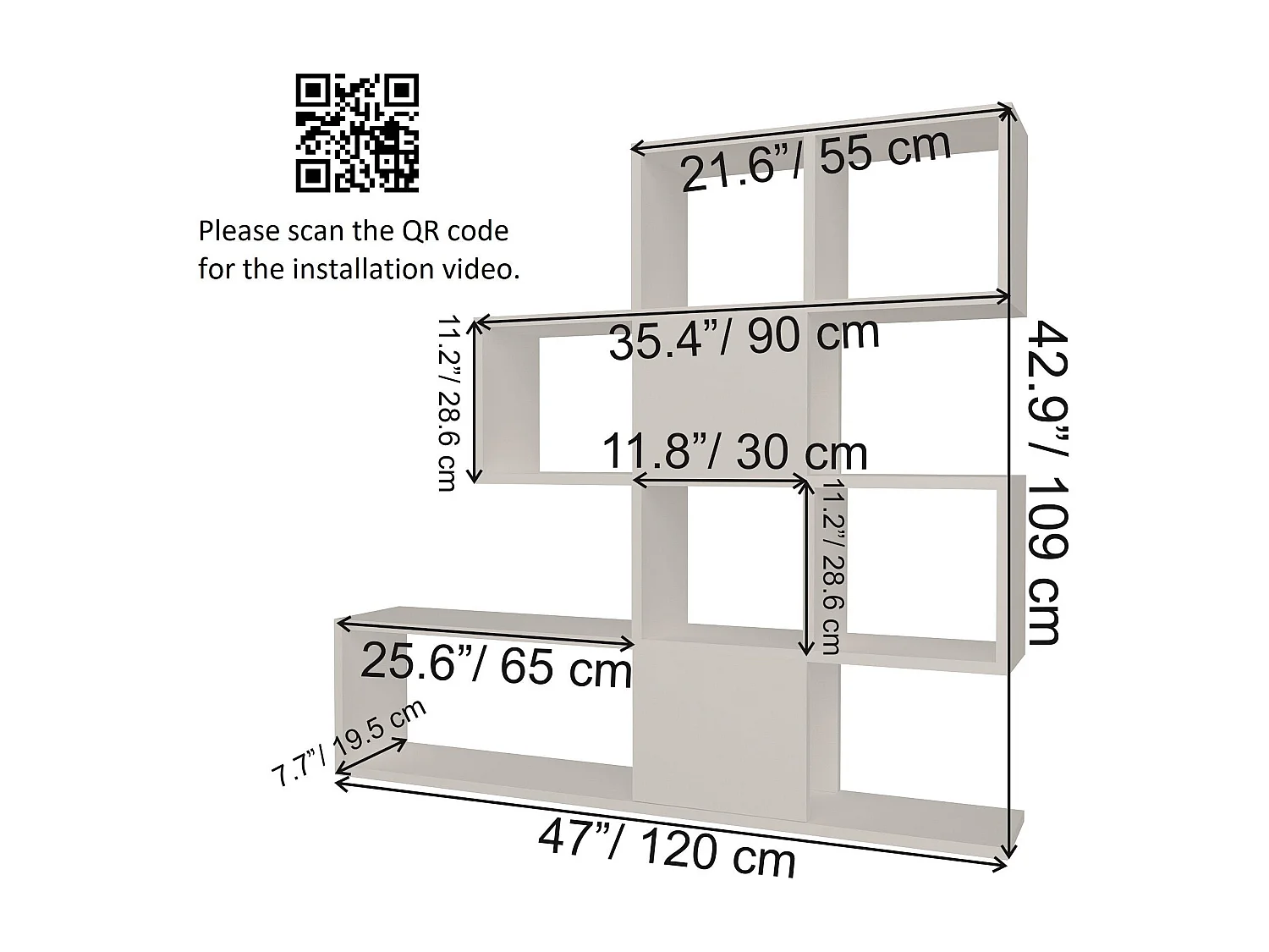 Bibliothèque moderne, blanche et anthracite, 120 x 19,5 x 109 cm | Panneau de particules 100 % mélaminé, épaisseur 18 mm | Rangement élégant