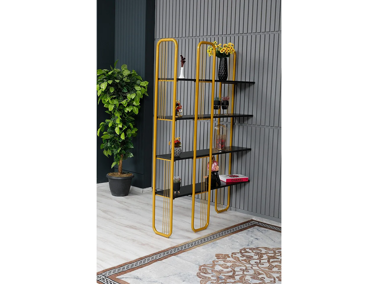 Etagères bibliothèque Arnal L125xH180cm Bois Noir et Métal Or