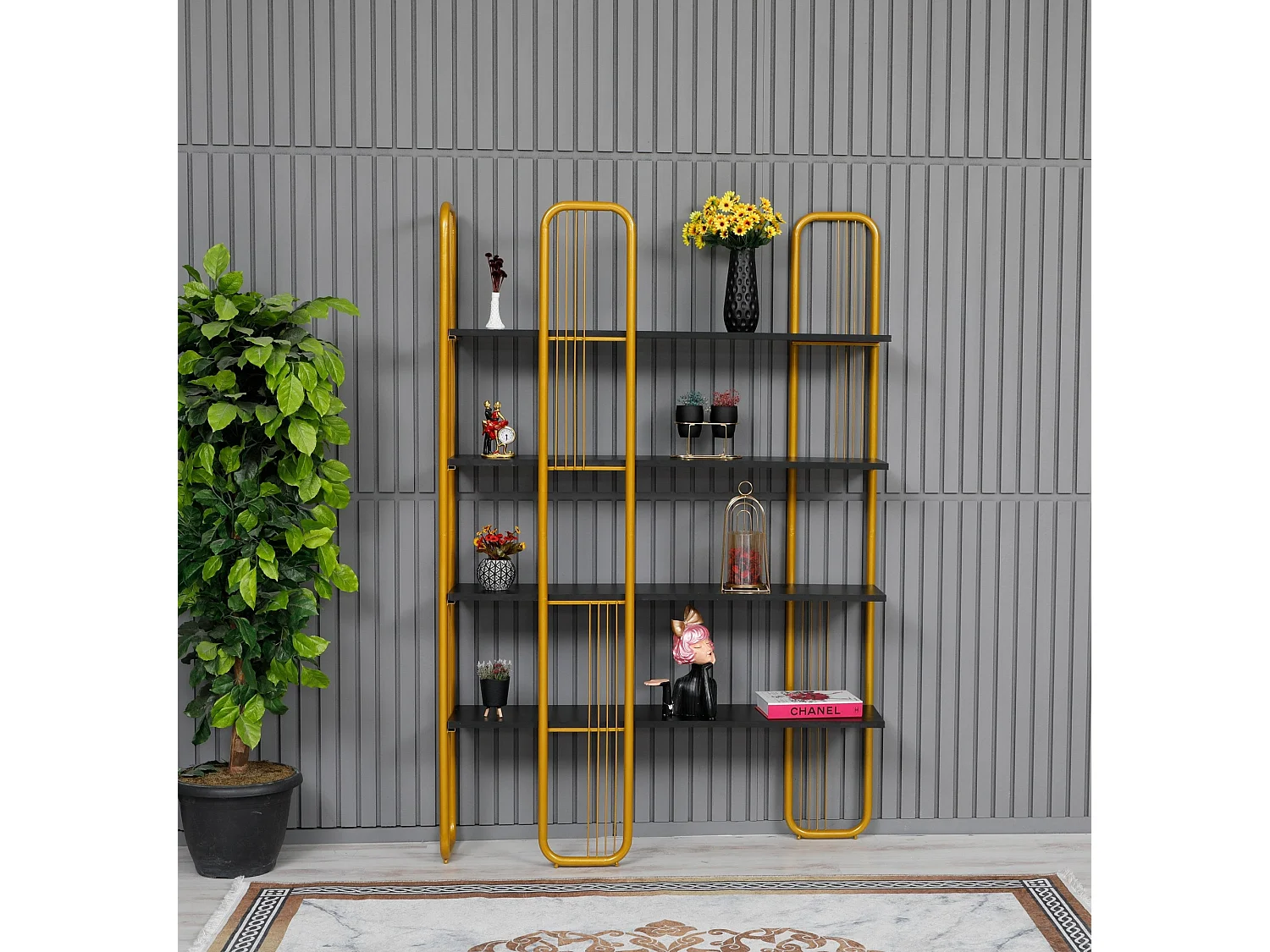 Etagères bibliothèque Arnal L125xH180cm Bois Noir et Métal Or