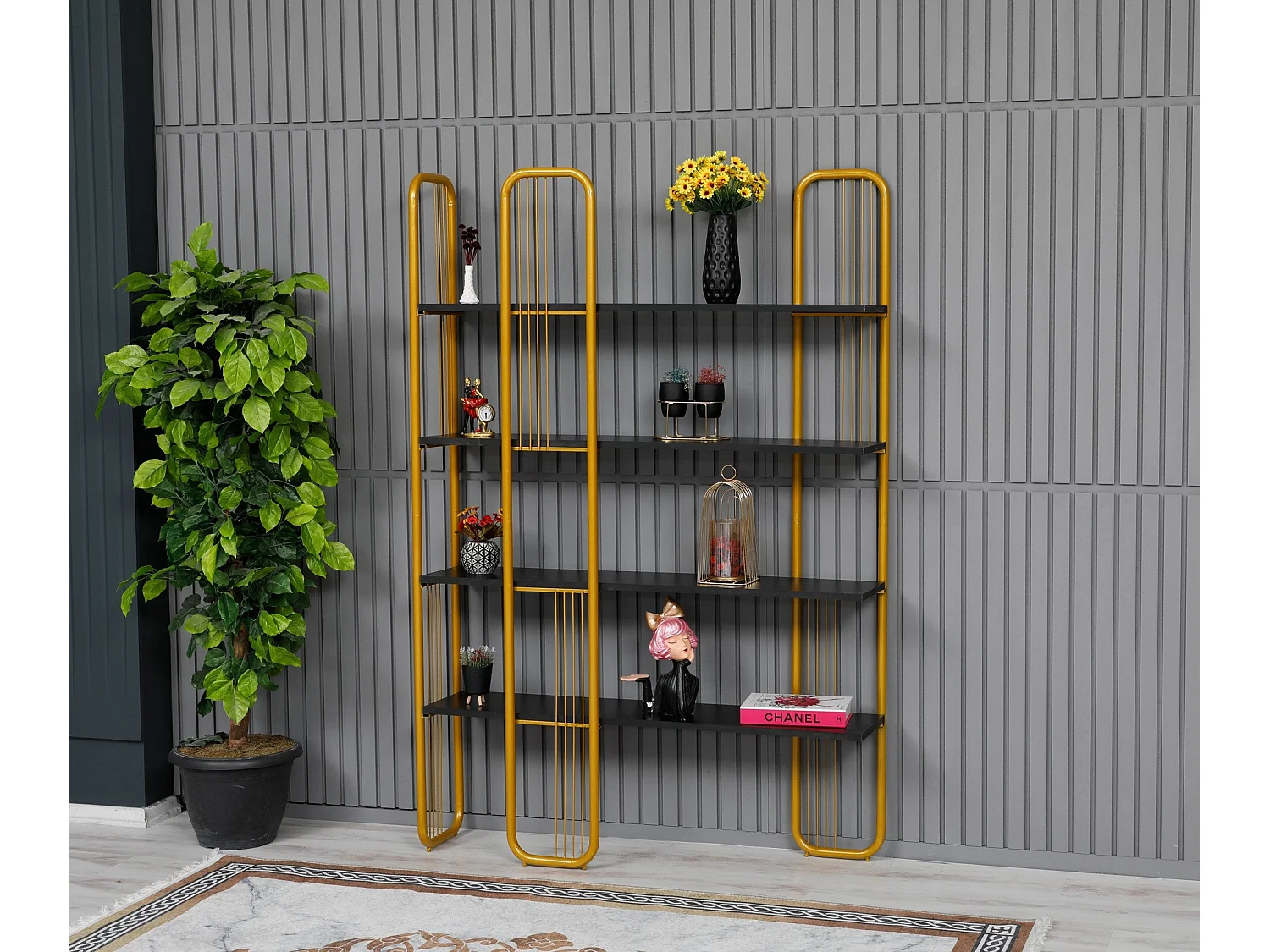 Etagères bibliothèque Arnal L125xH180cm Bois Noir et Métal Or