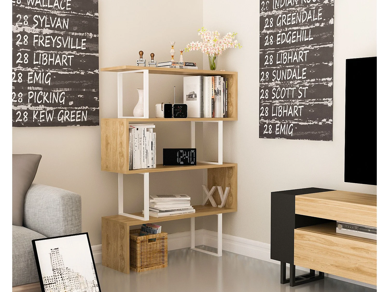 Moderne wandkast met metalen frame, eiken en wit, 91,5 x 124,5 x 29,5 cm | 100% melamine gecoat, 18 mm dik | Stijlvolle, aan de muur te beve