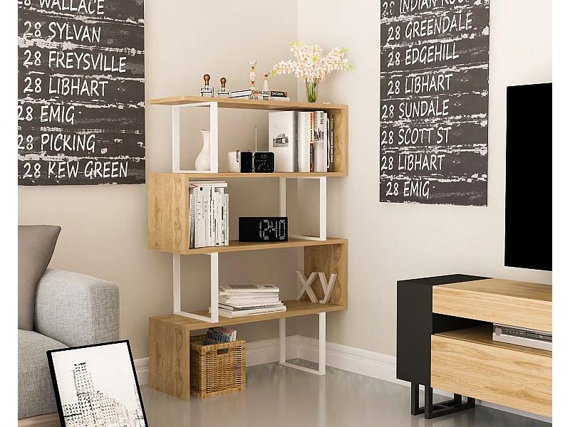 Moderne wandkast met metalen frame, eiken en wit, 91,5 x 124,5 x 29,5 cm | 100% melamine gecoat, 18 mm dik | Stijlvolle, aan de muur te beve