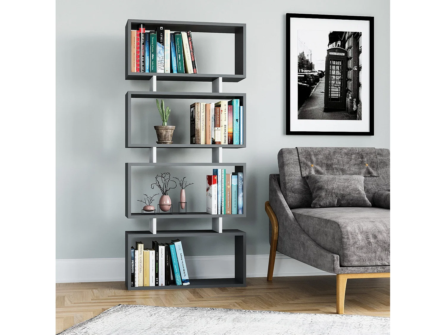 Bücherregal – 72,5 cm x 25 cm x 161 cm – Anthrazit und Weiß – Spanplatte