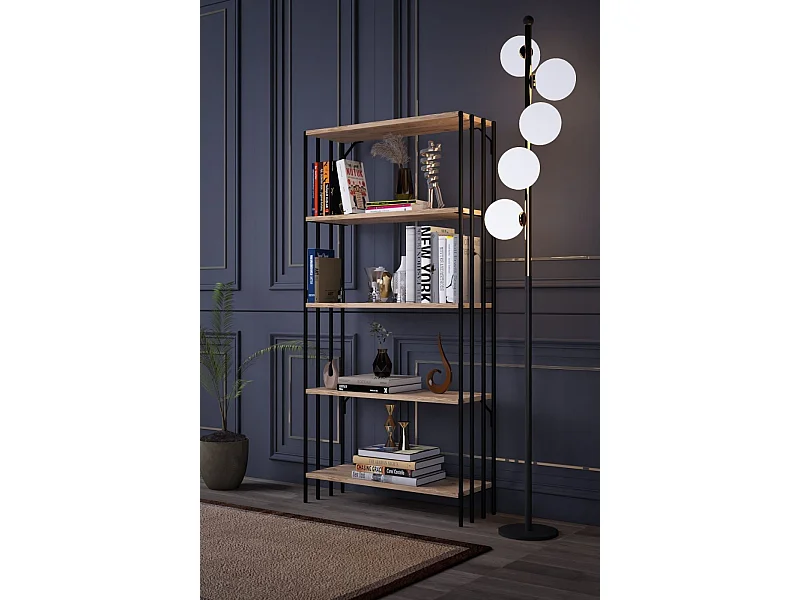 Étagère bibliothèque style industriel Saenus Bois clair et Métal Noir