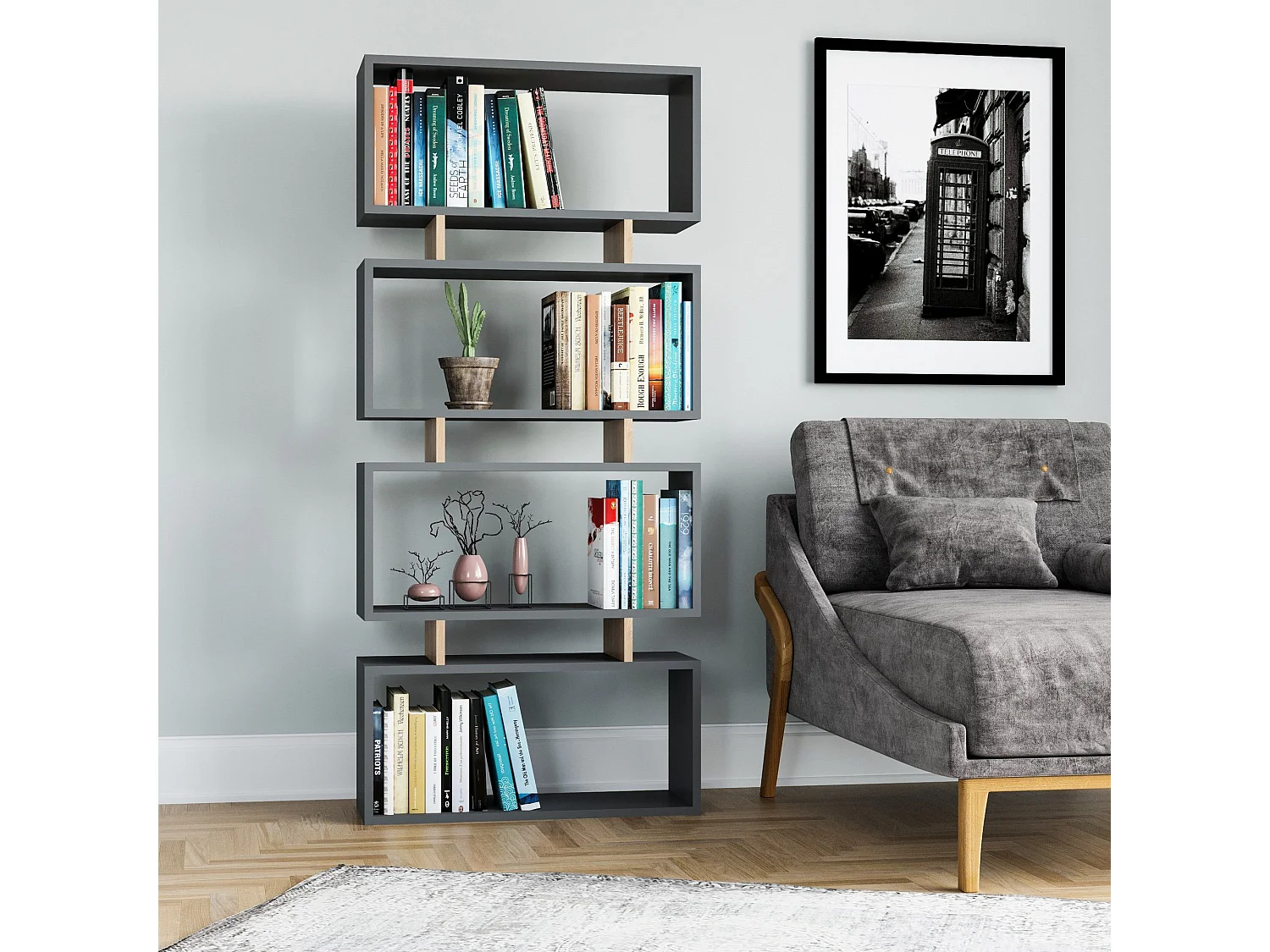 Bücherregal – 72,5 cm x 25 cm x 161 cm – Anthrazit und Eiche – Spanplatte