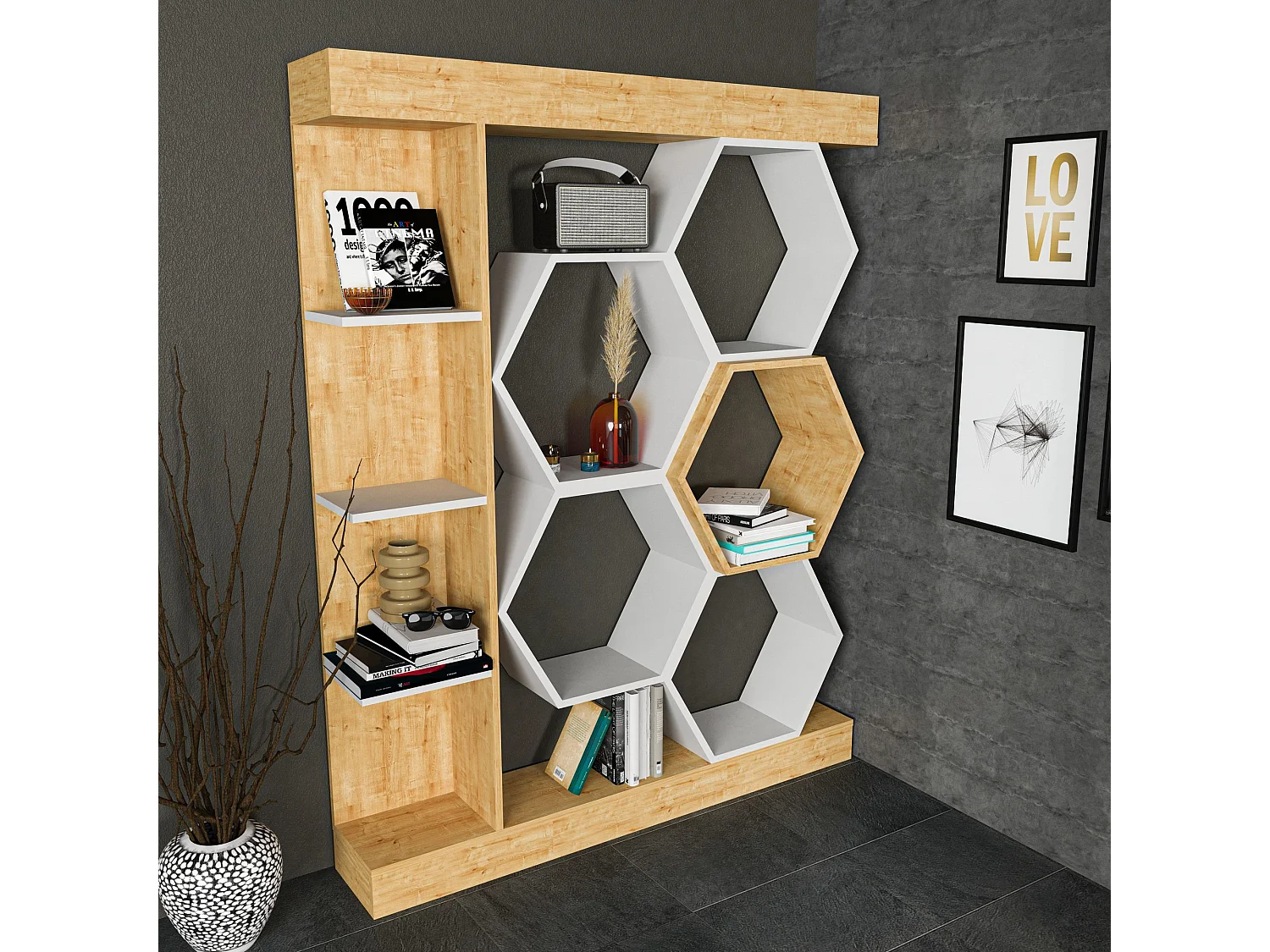 Moderne boekenkast in wit en eikenhout, 140 x 29,6 x 177,4 cm | 100% melamine spaanplaat, 18 mm dik | Stijlvolle opbergruimte voor thuis en
