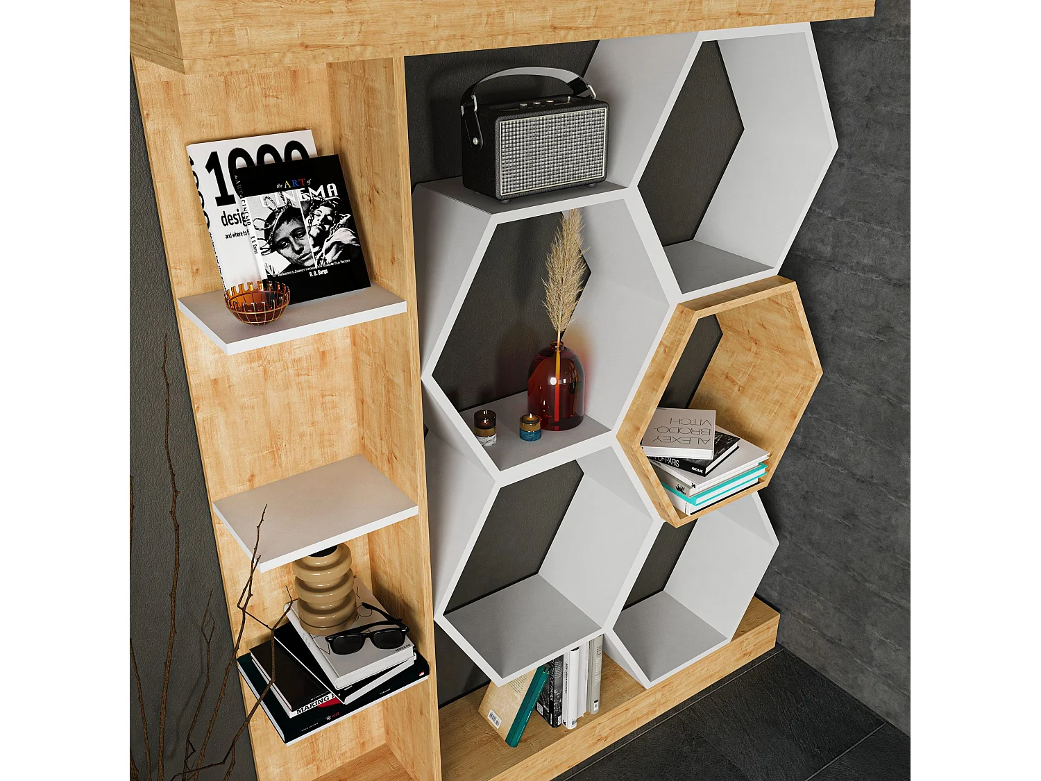 Moderne boekenkast in wit en eikenhout, 140 x 29,6 x 177,4 cm | 100% melamine spaanplaat, 18 mm dik | Stijlvolle opbergruimte voor thuis en
