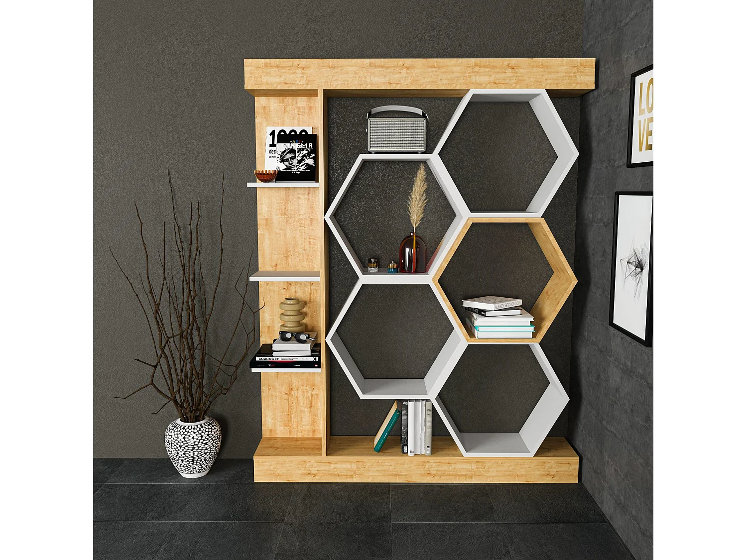 Moderne boekenkast in wit en eikenhout, 140 x 29,6 x 177,4 cm | 100% melamine spaanplaat, 18 mm dik | Stijlvolle opbergruimte voor thuis en