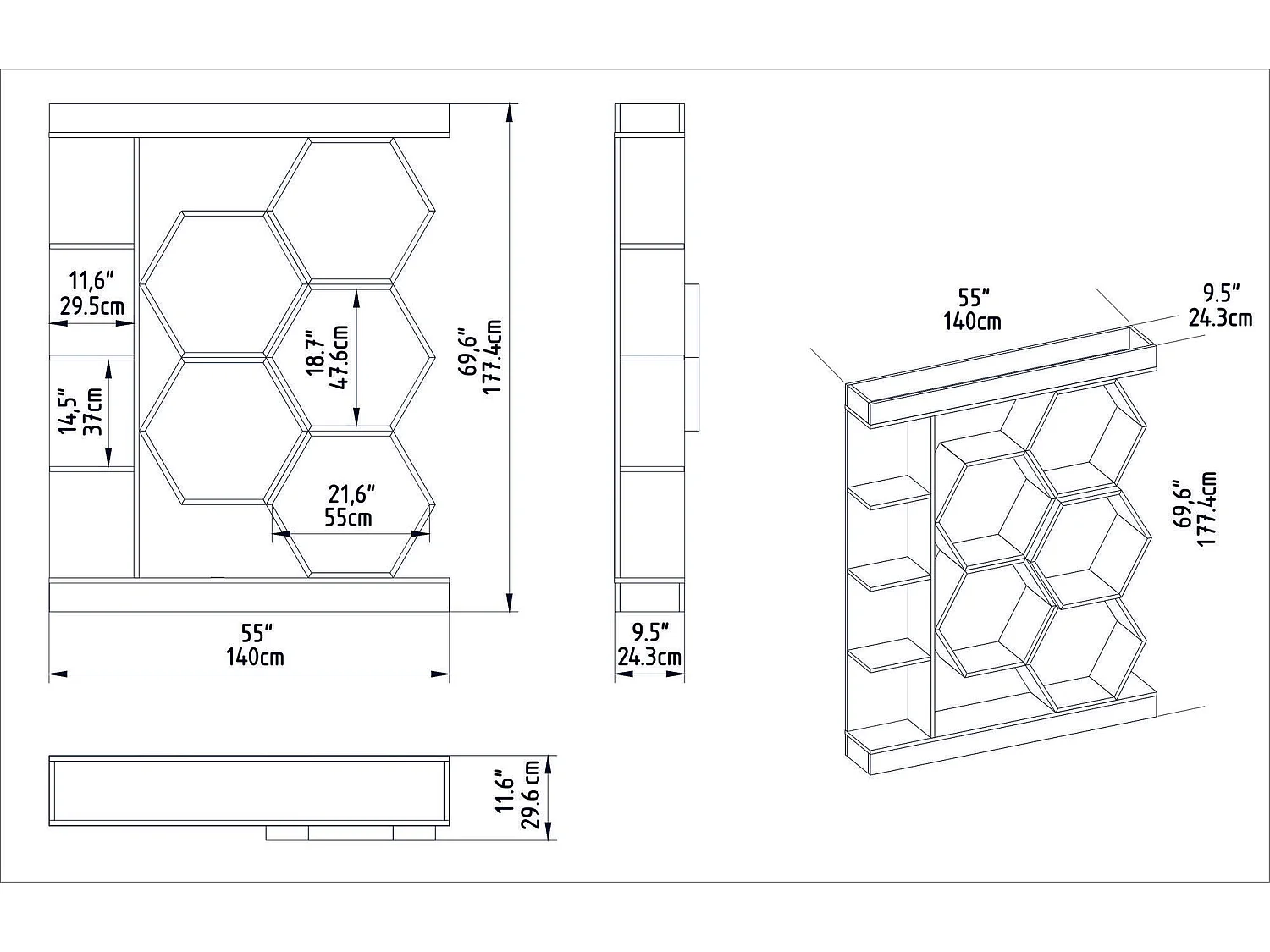 Moderne boekenkast in wit en eikenhout, 140 x 29,6 x 177,4 cm | 100% melamine spaanplaat, 18 mm dik | Stijlvolle opbergruimte voor thuis en
