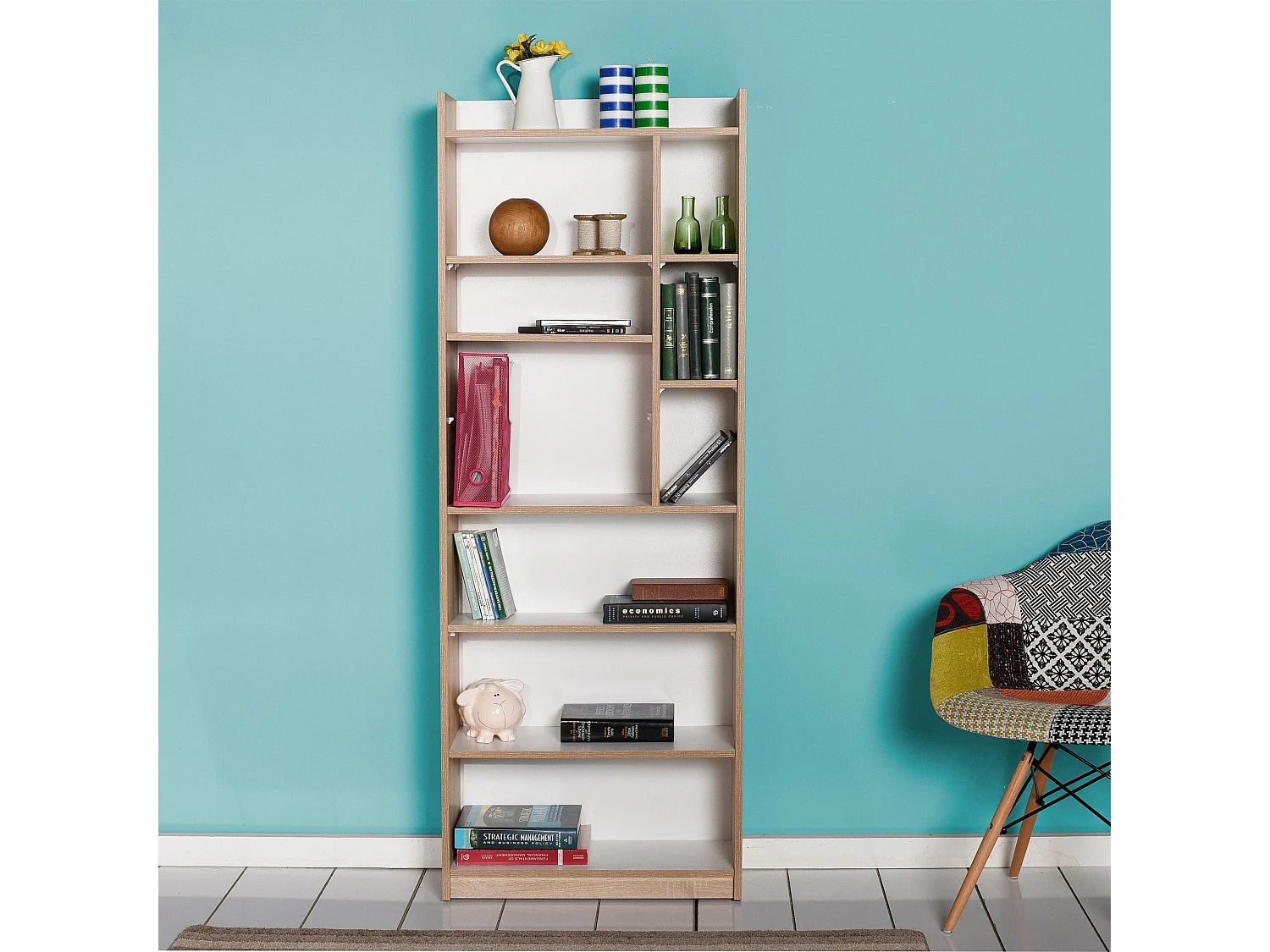 Regał na książki – 63 cm x 176 cm x 26 cm – Sonomo i biel – płyta wiórowa pokryta melaminą