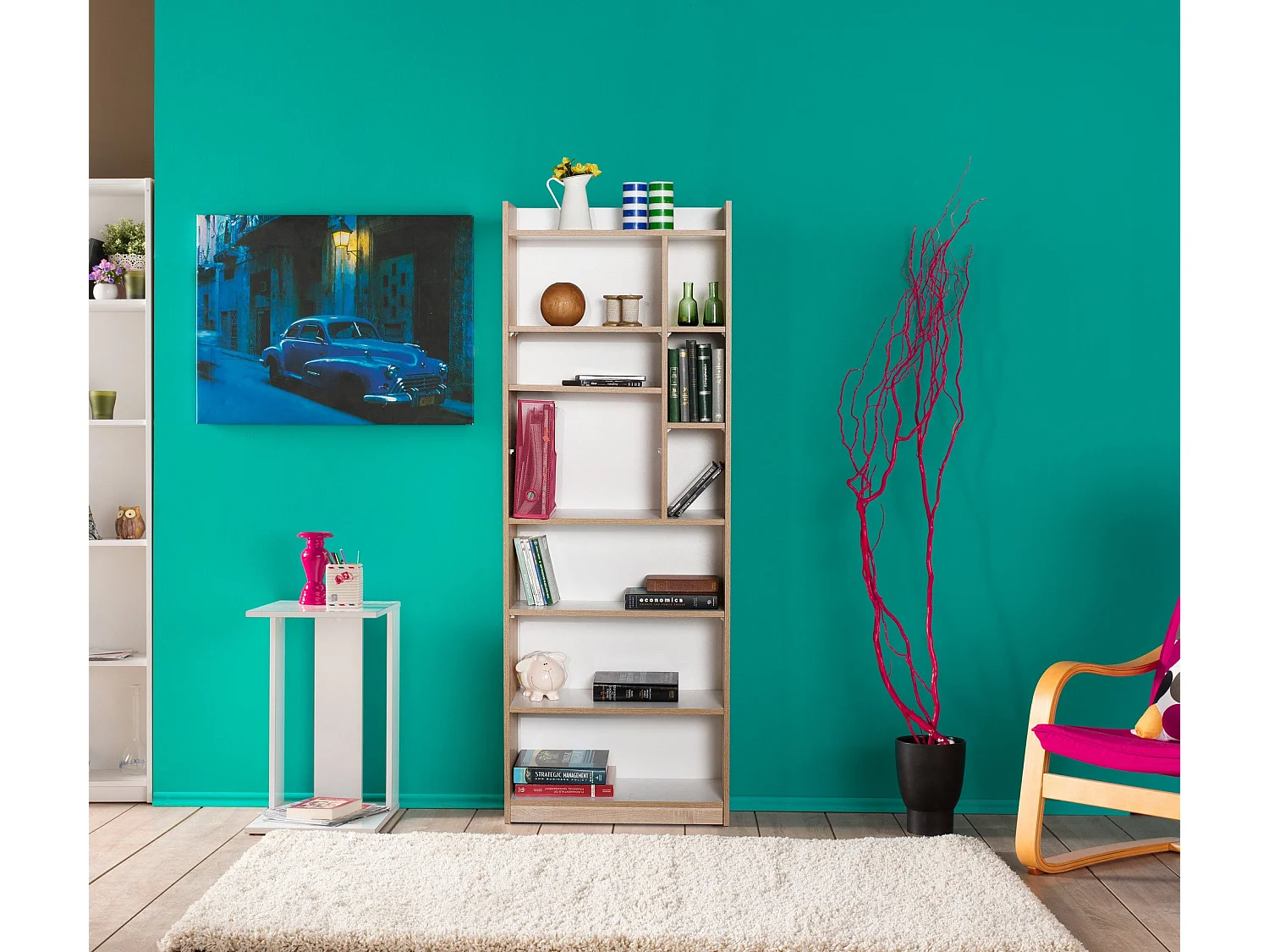 Regał na książki – 63 cm x 176 cm x 26 cm – Sonomo i biel – płyta wiórowa pokryta melaminą