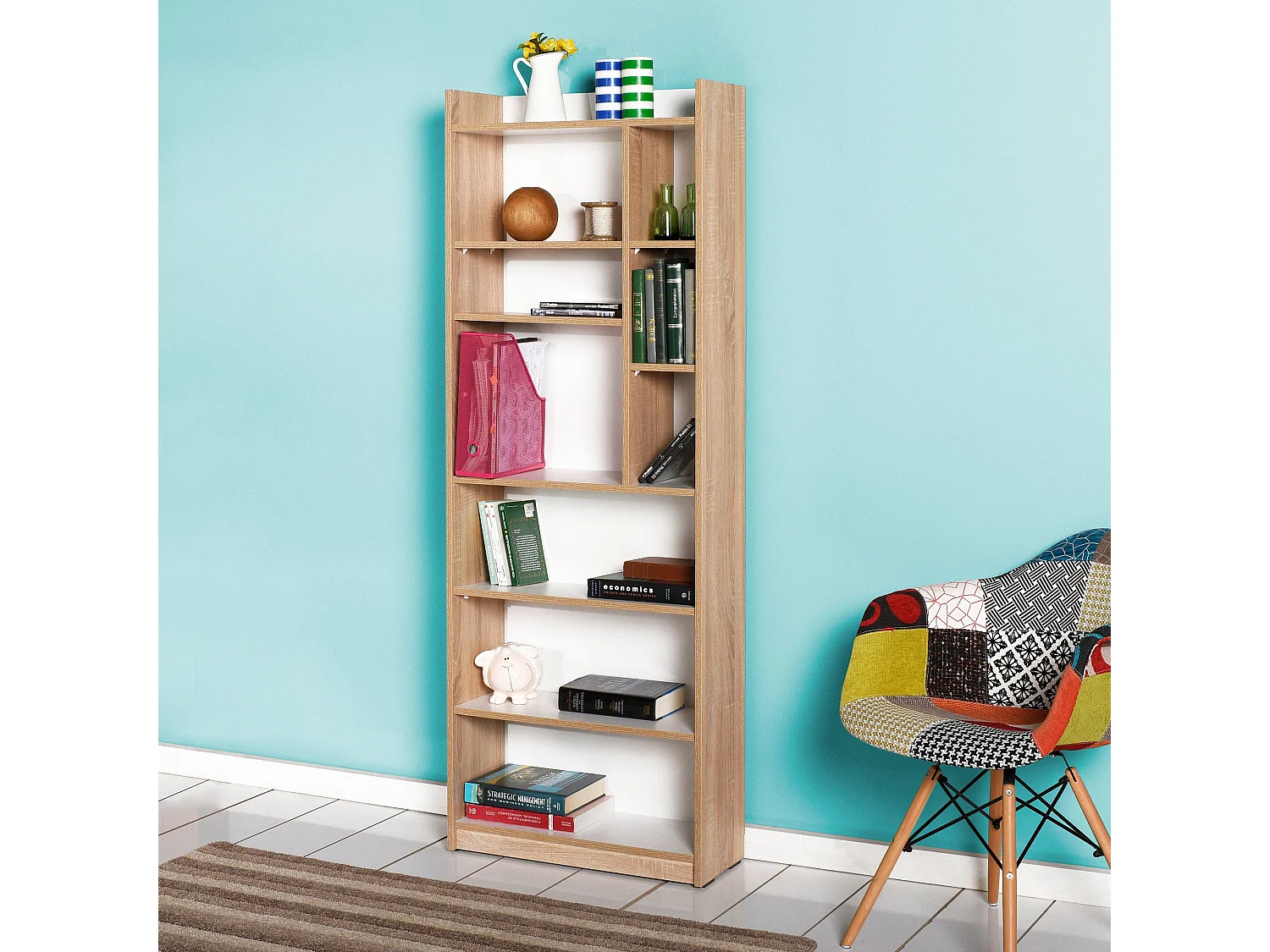 Regał na książki – 63 cm x 176 cm x 26 cm – Sonomo i biel – płyta wiórowa pokryta melaminą