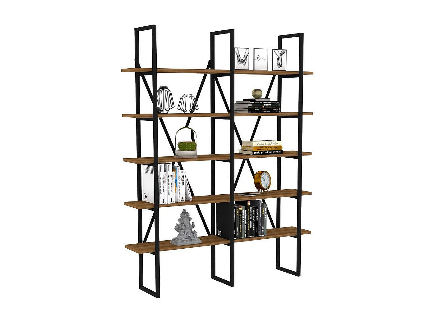 Estantería moderna – 126 x 160 x 26 cm – Nogal y negro – Tablero de partículas y metal