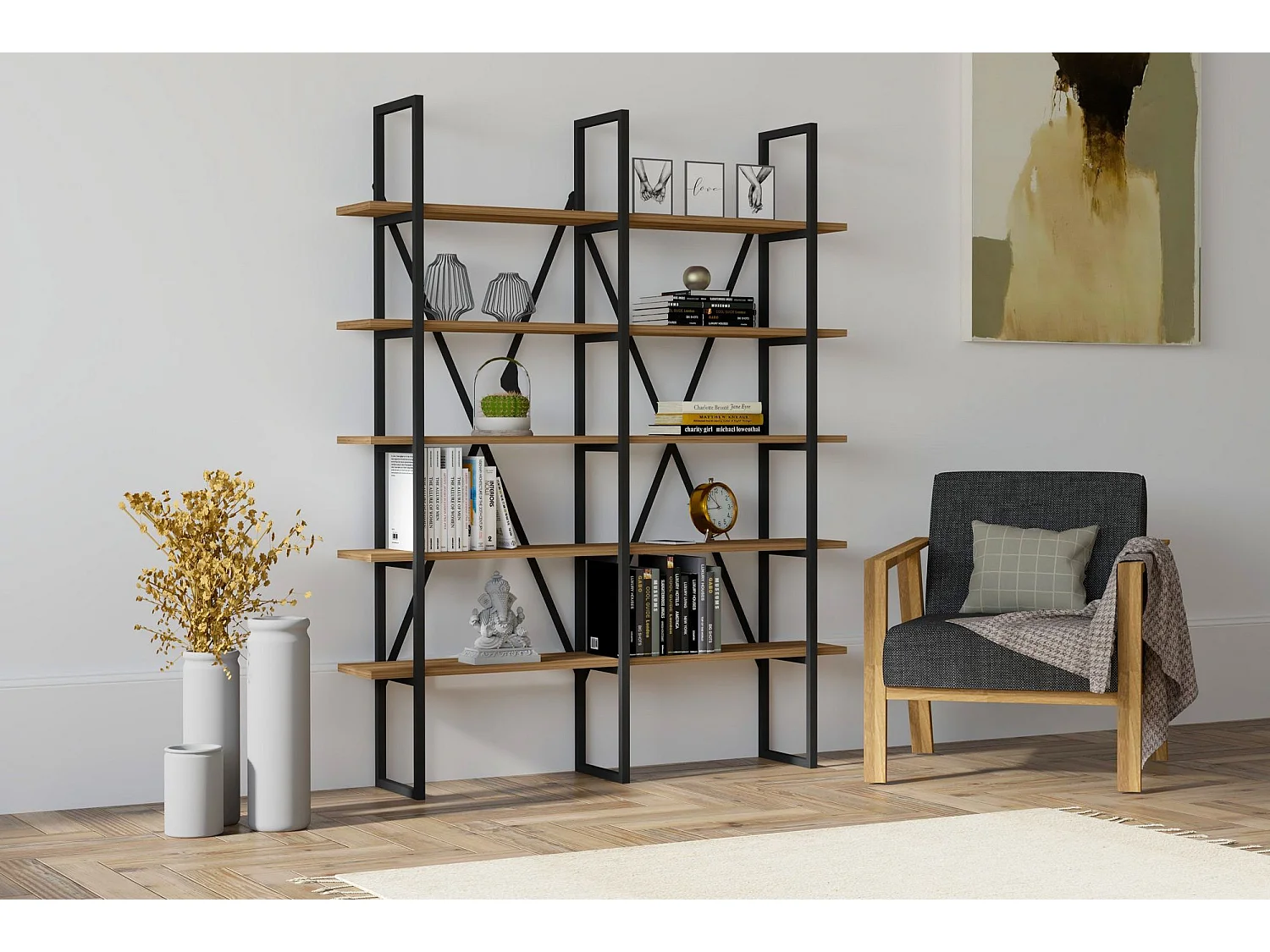 Estantería moderna – 126 x 160 x 26 cm – Nogal y negro – Tablero de partículas y metal