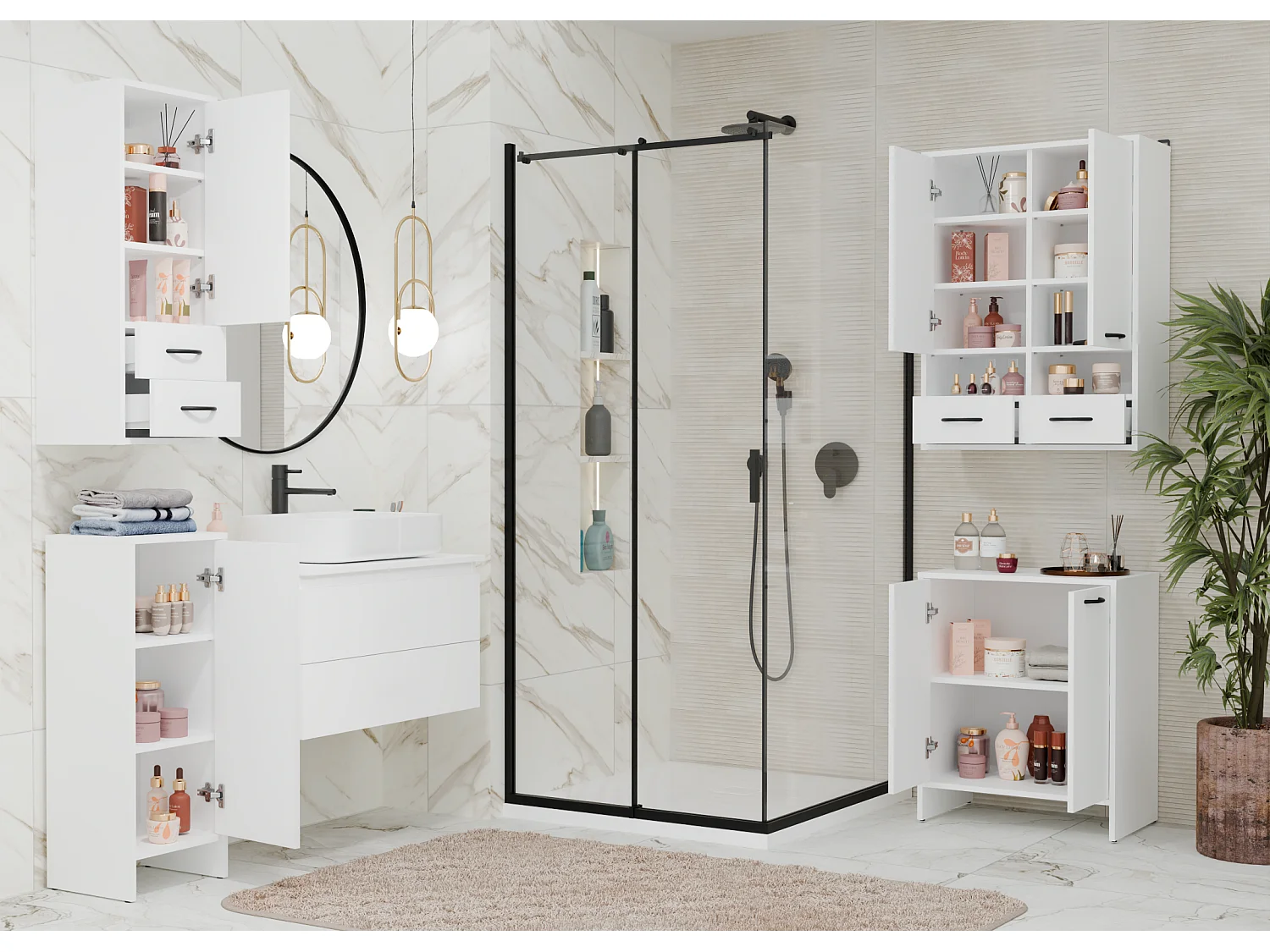 Szafka Łazienkowa NINA 1D| Biała | 35x30x90 cm | Słupek 3 Półki