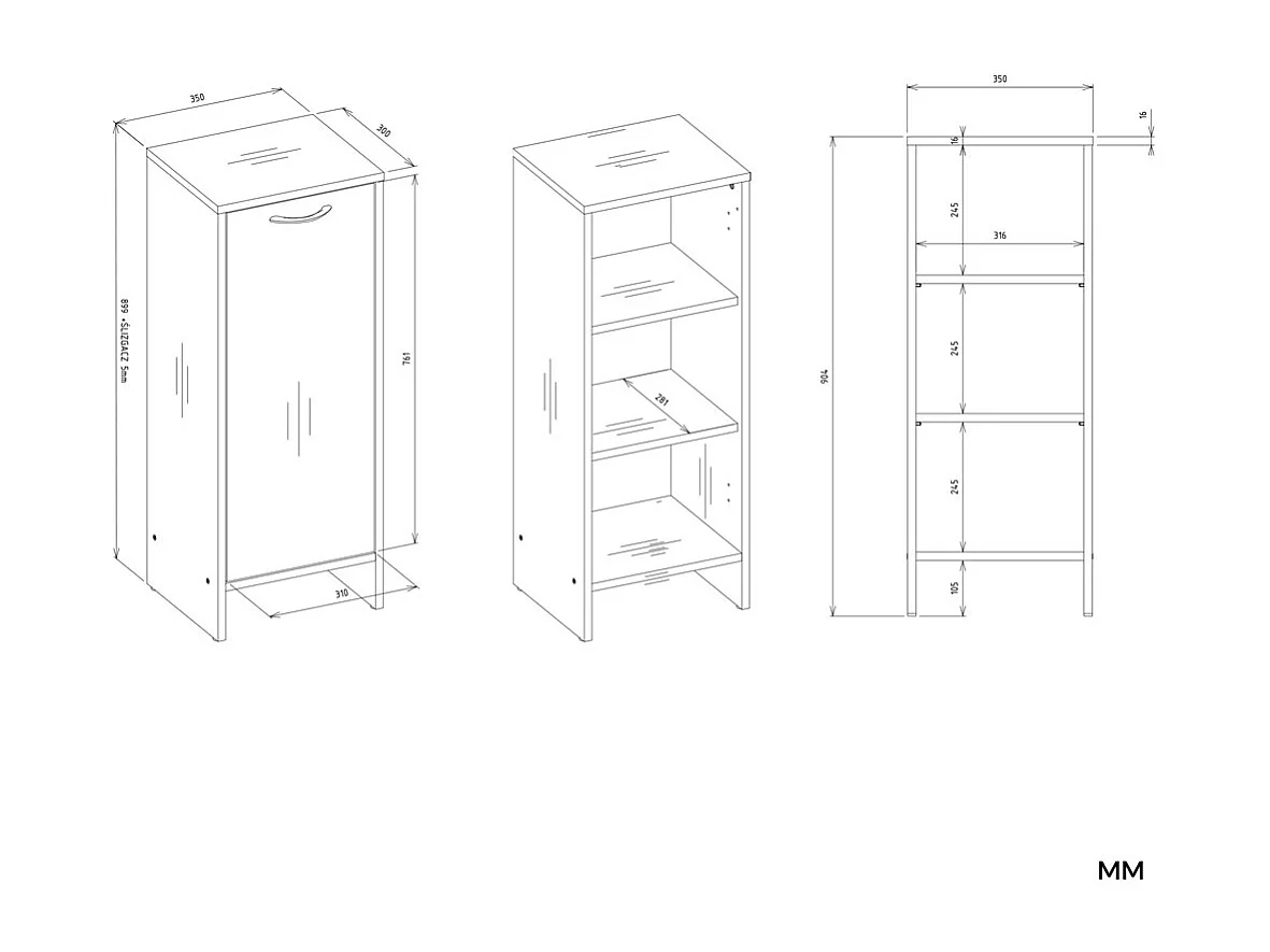 Szafka Łazienkowa NINA 1D| Biała | 35x30x90 cm | Słupek 3 Półki