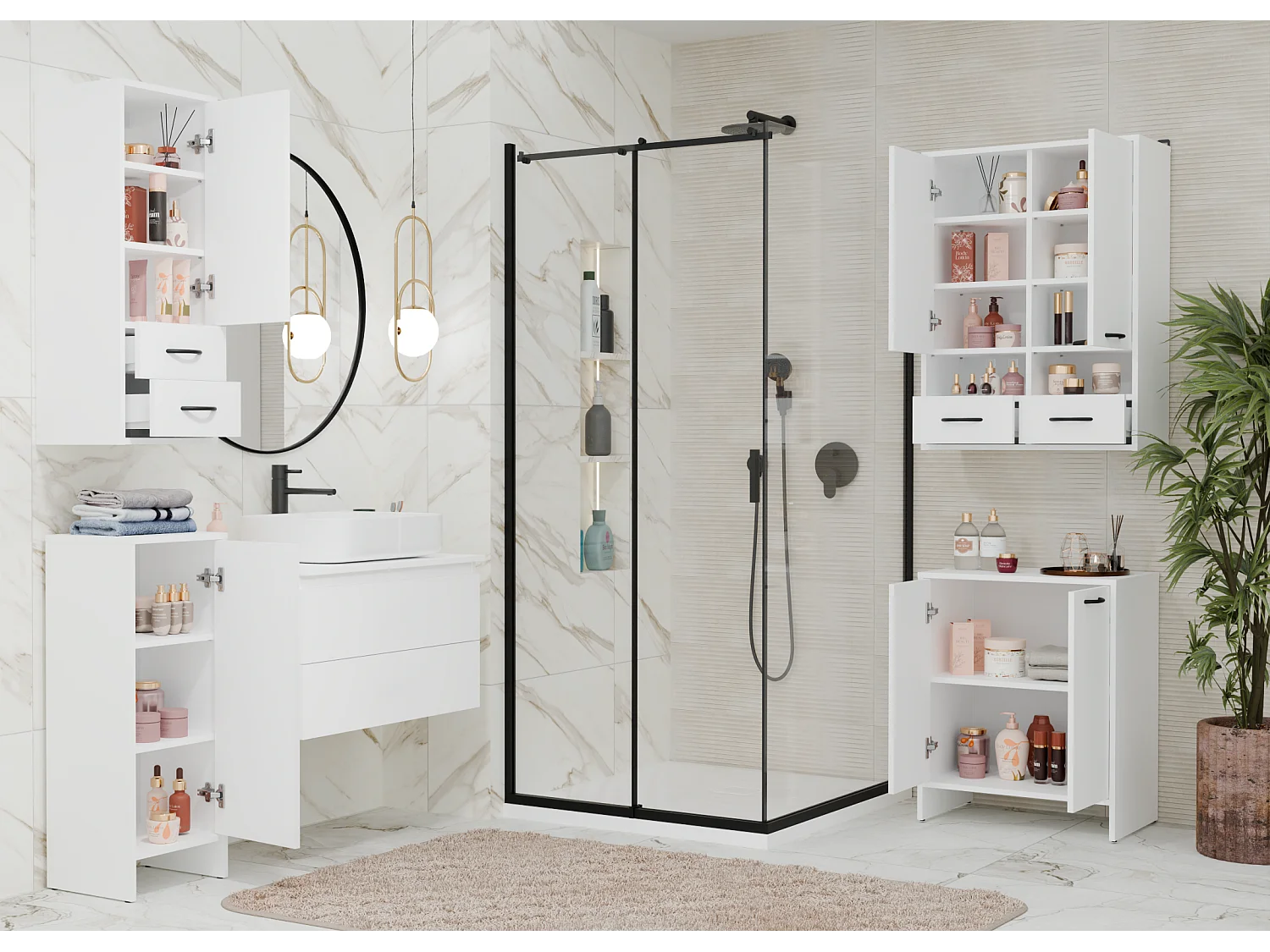 Szafka Łazienkowa NINA 1D| Biała | 35x30x90 cm | Słupek 3 Półki