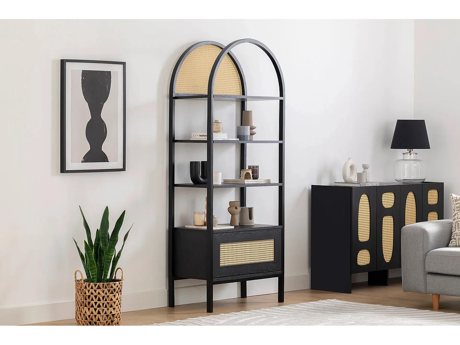 Bibliothèque étagère Fidole L76cm Bois Noir et Cannage Beige