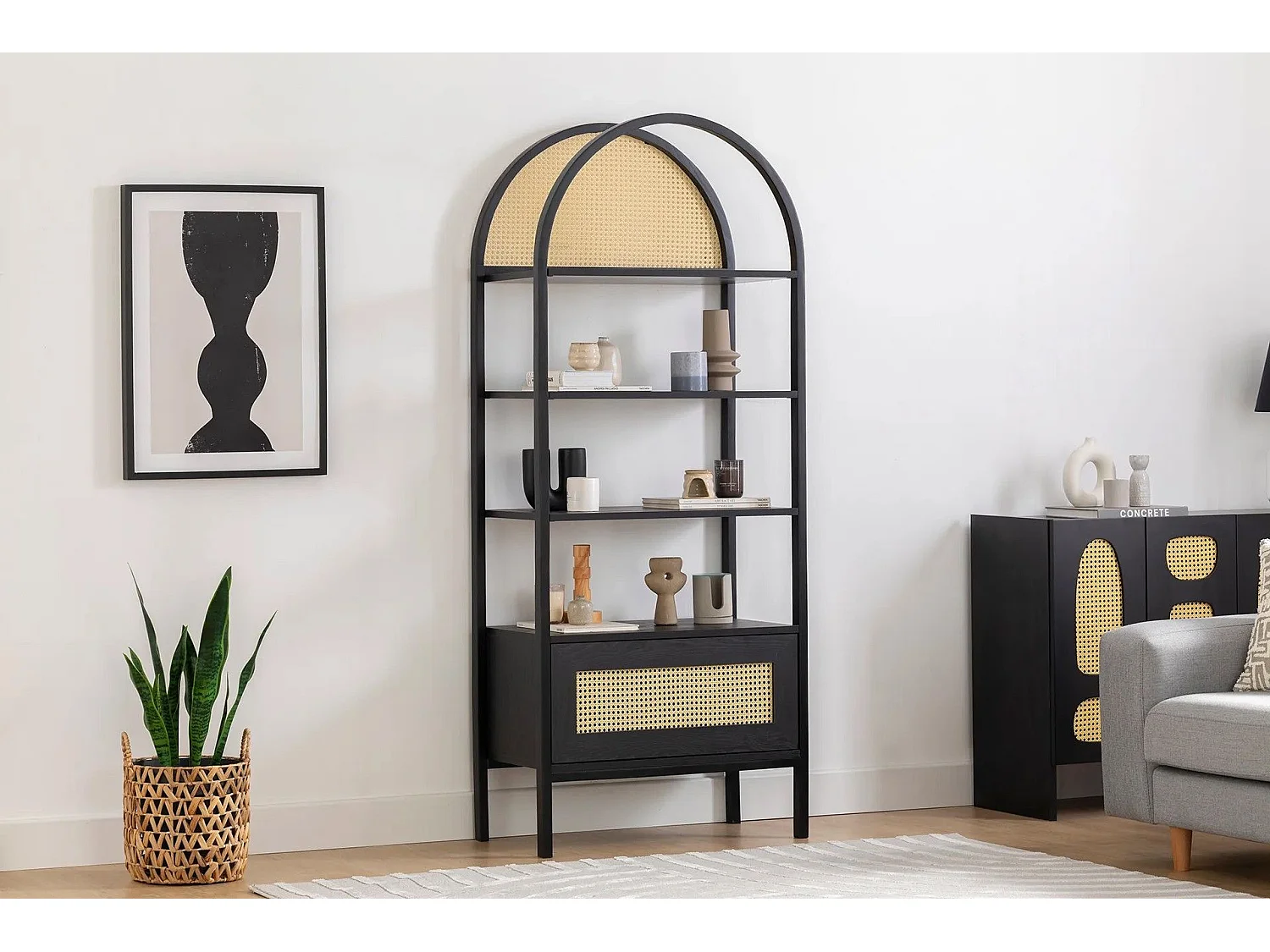 Bibliothèque étagère Fidole L76cm Bois Noir et Cannage Beige