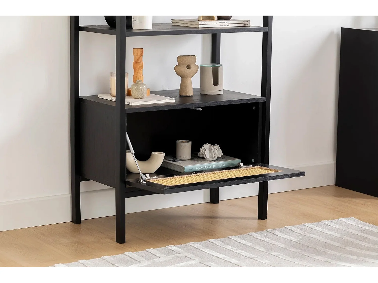 Bibliothèque étagère Fidole L76cm Bois Noir et Cannage Beige