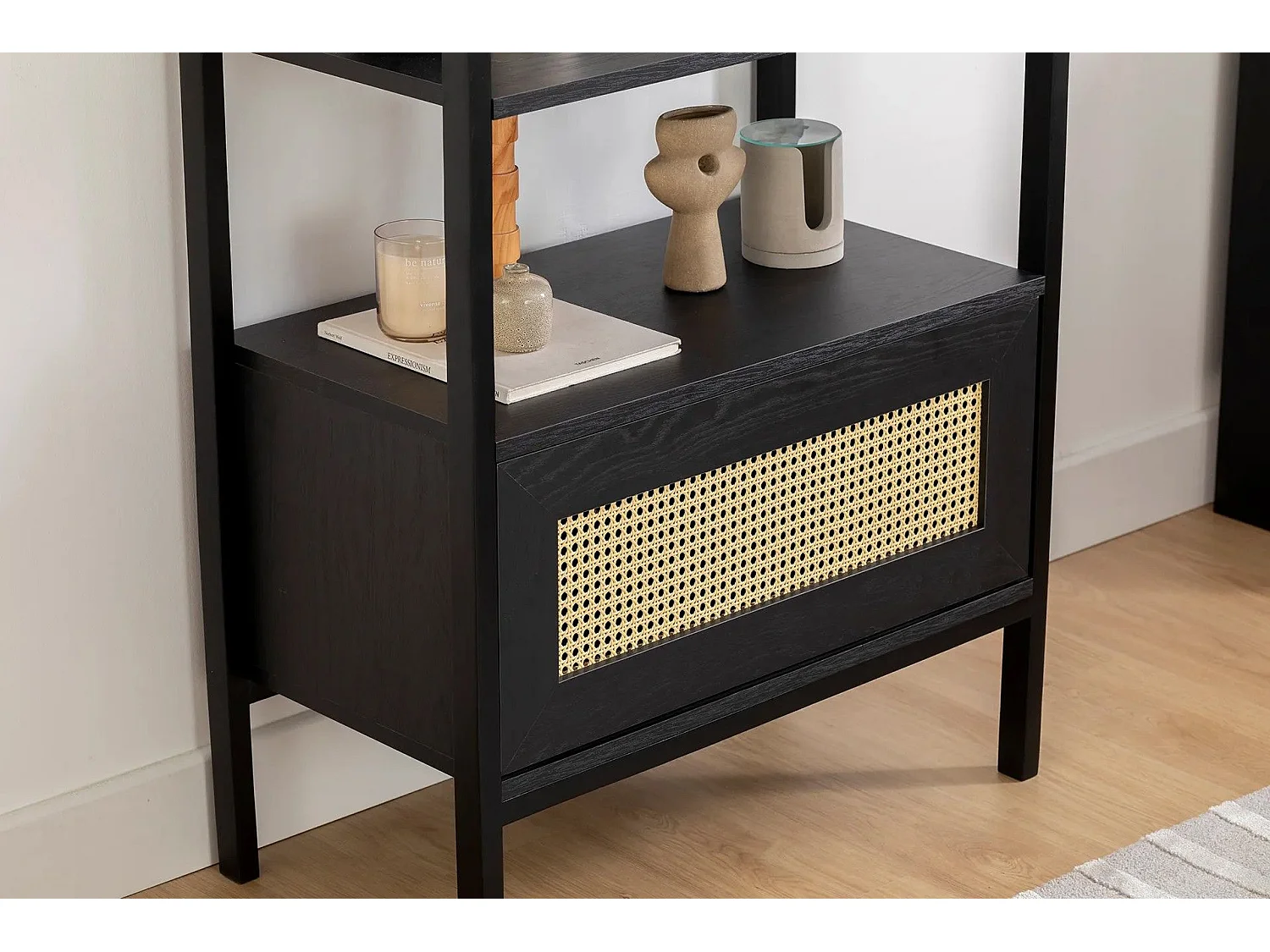 Bibliothèque étagère Fidole L76cm Bois Noir et Cannage Beige