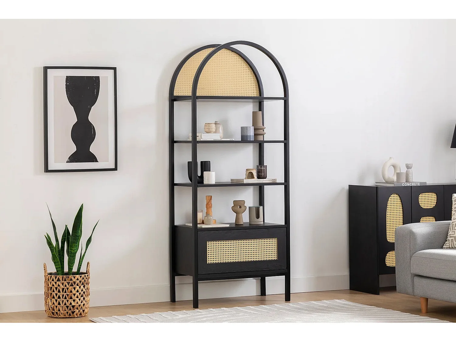 Bibliothèque étagère Fidole L76cm Bois Noir et Cannage Beige