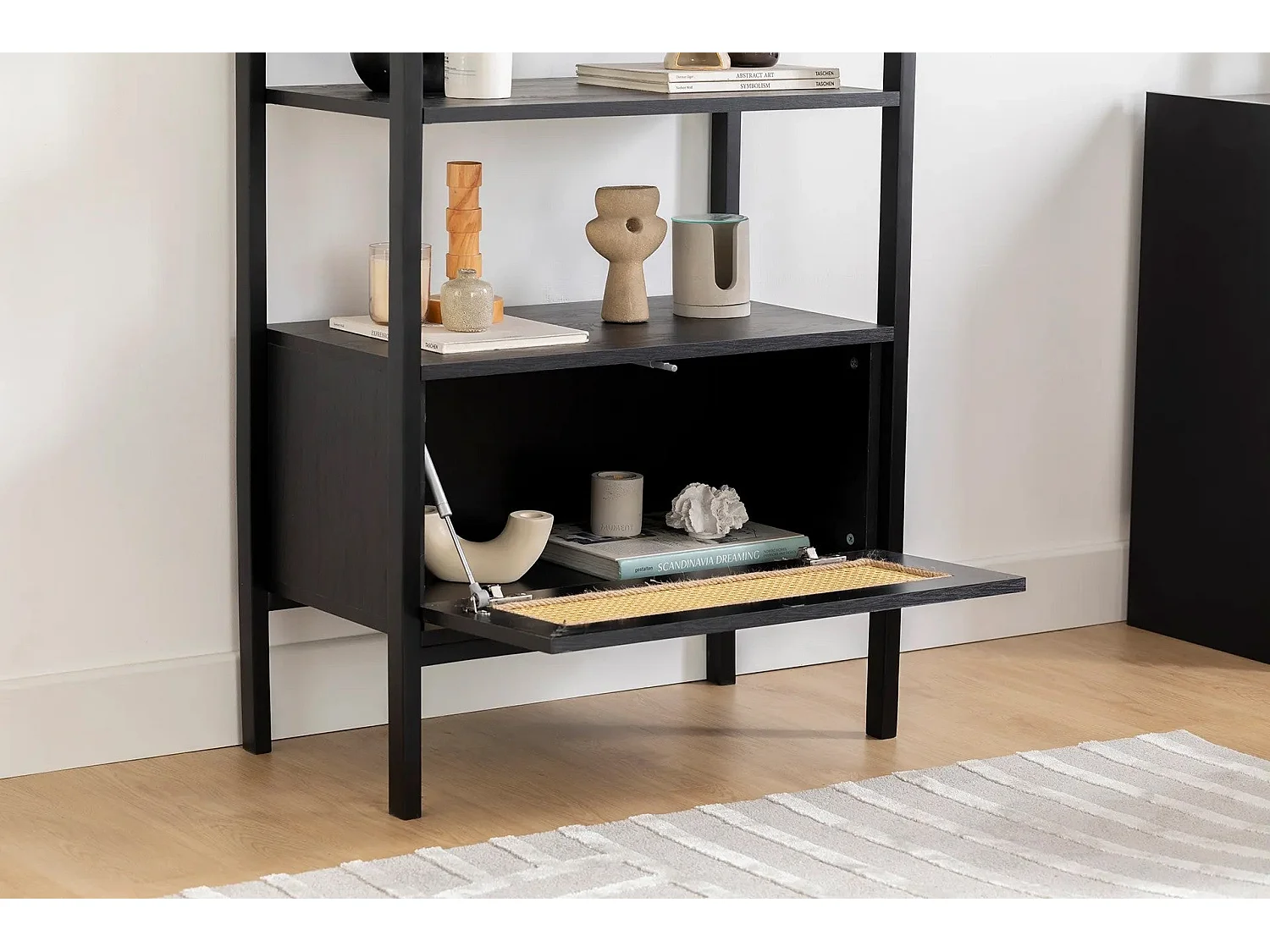 Bibliothèque étagère Fidole L76cm Bois Noir et Cannage Beige