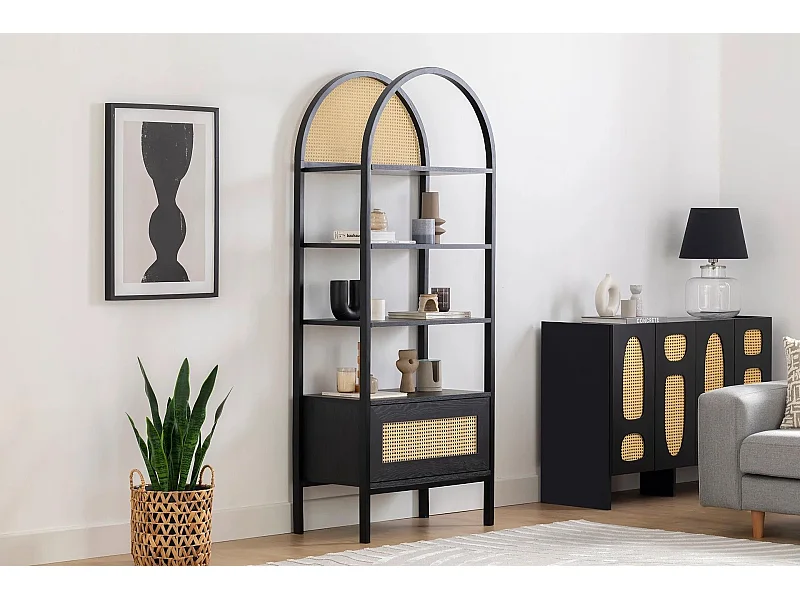 Bibliothèque étagère Fidole L76cm Bois Noir et Cannage Beige