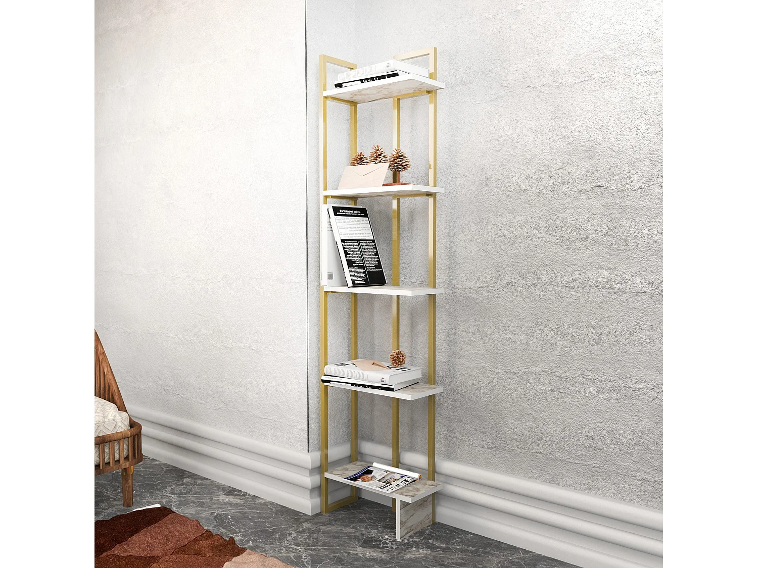 Étagère bibliothèque d'angle Haes L45cm Métal Or et Bois Effet marbre blanc