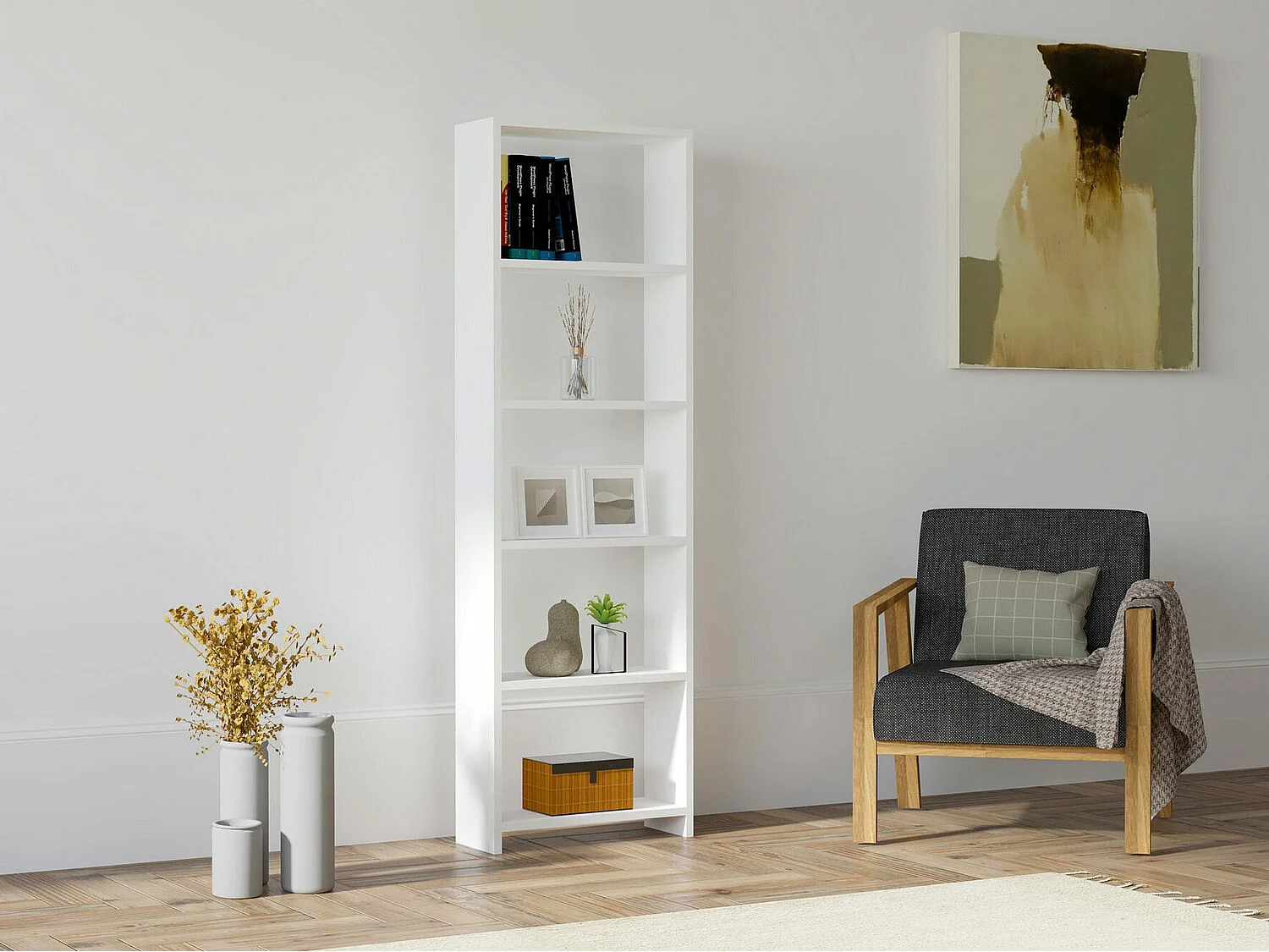 Bibliothèque style scandinave – 160 x 50 x 19,6 cm – Blanc – Panneaux de particules mélaminés