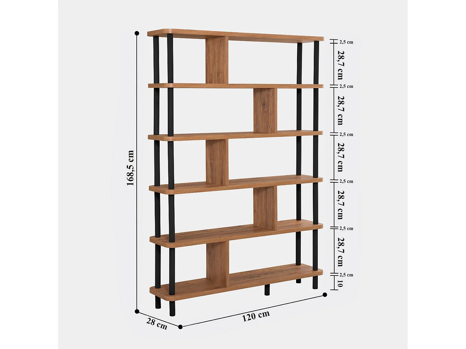 Bücherregal – 120 cm x 168,5 cm x 28 cm – Schwarz- und Atlantikkiefer – Melaminbeschichtete Spanplatte