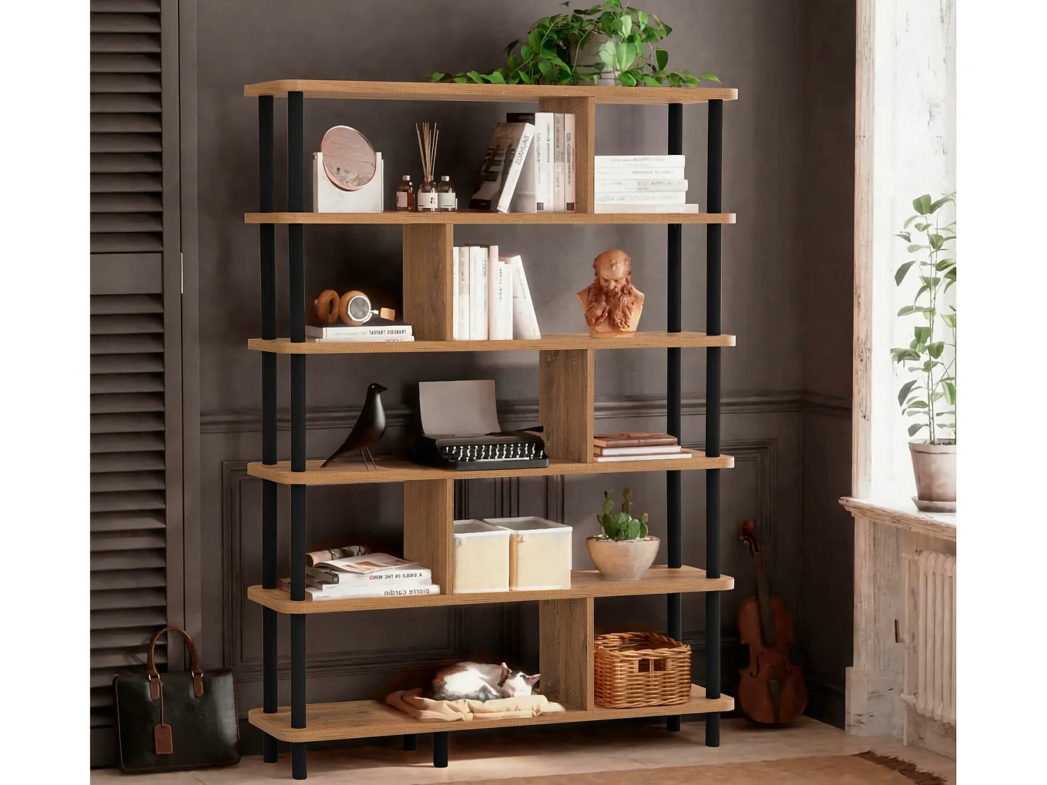 Bibliothèque – 120 cm x 168,5 cm x 28 cm – Noir et pin atlantique – Panneaux de particules mélaminés