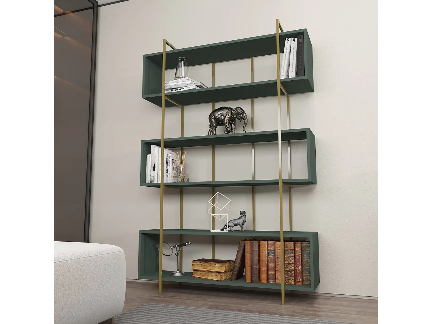 Librería elegante – 120 x 180 x 29,6 cm – verde y dorado – tablero de partículas revestido de melamina