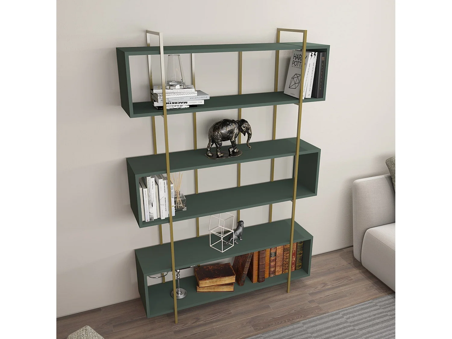Librería elegante – 120 x 180 x 29,6 cm – verde y dorado – tablero de partículas revestido de melamina
