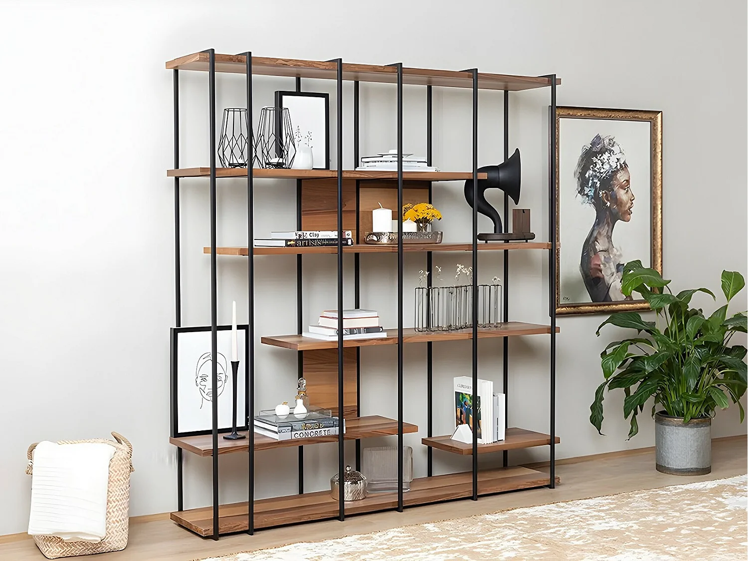 Bibliothèque en noyer – 170 x 180 x 35 cm – noyer – aggloméré mélaminé